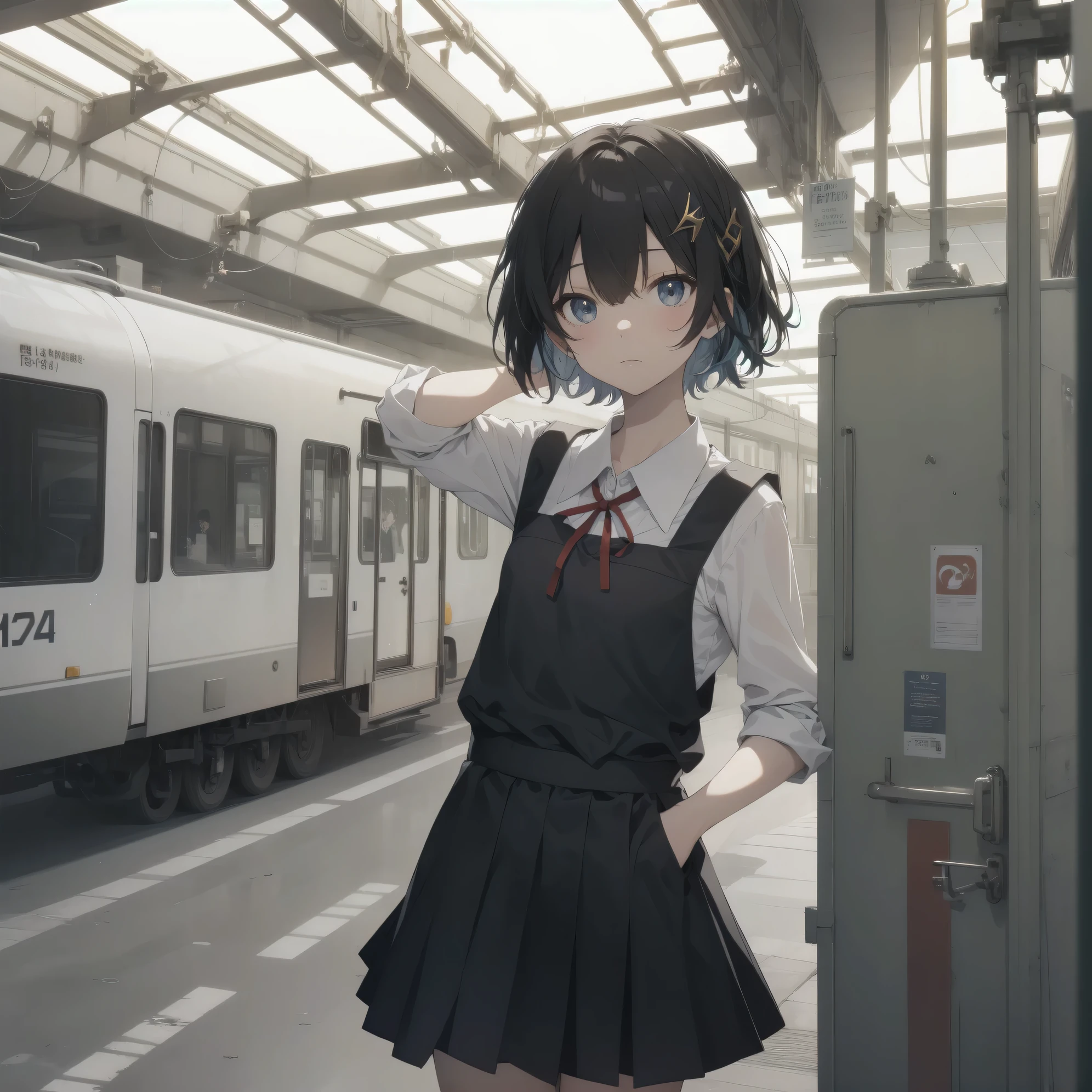 Super absurd quality by the god of art, super detailed, High resolution, anime moe art style, Best Anime 8K Kona-chan Wallpaper, pixiv contest winner, perfect anatomy, break,(眠そうにalone学校へ行く女の子を描いてください. )break,1 girl, (alone,little woman, baby face, 13 years old:1.3),All limbs, full finger,, The charm of an immature body, (very_short hair), shortcut, bangs, flat chest, Small Bodysuits, small ass, between legs, small black eyes, detailed and beautiful eyes, Well-proportioned iris and pupils, expressive eyes, sleepy eyes, High resolutionの詳細な髪, hair ornaments, neck ribbon, skirt, collared shirt,  pleated skirt, school uniform, school bag,(detailed lighting), (detailed background), On the way to school. break,super dense skin, Best movie lighting by famous artists, 8k,cute illustration,photoshop_(Moderate),Absurd Hi-Res,Hmm,rough skin