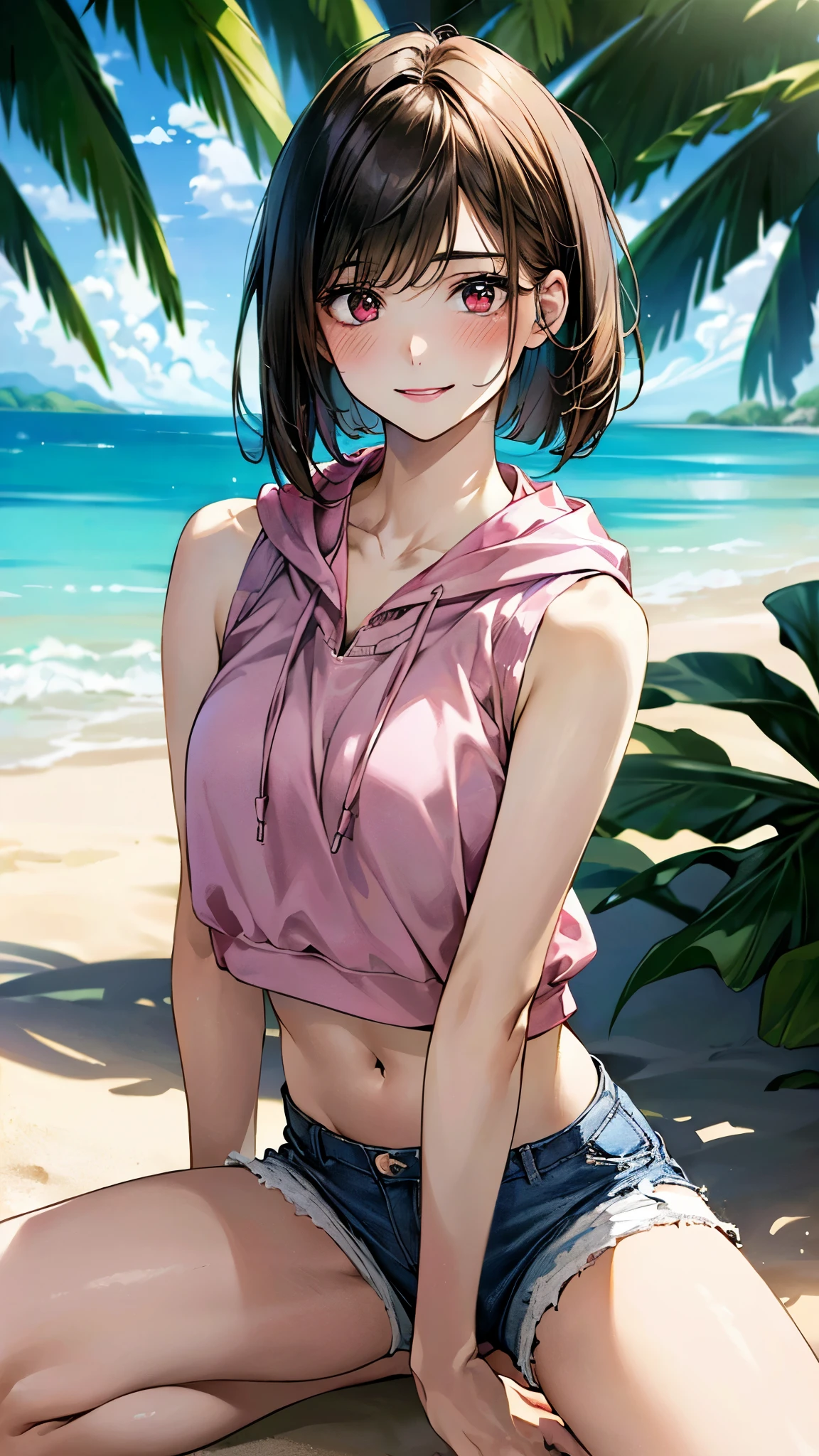 (masterpiece:1.2, top-quality, ultra high res, ultra detailed), (realistic, photorealistic:1.4), beautiful illustration, (natural side lighting, movie lighting), depth of fields,
looking at viewer, (face focus, upper body), 1 girl, japanese, high school girl, perfect face, (perfect anatomy), cute and symmetrical face, , shiny skin, slender
(short hair:1.2, bob cut:1.2, light brown hair), asymmetrical bangs, dark red eyes, long eye lasher, (medium breasts),
beautiful hair, beautiful face, beautiful detailed eyes, beautiful clavicle, beautiful body, beautiful chest, beautiful thigh, beautiful legs,
((detailed cloth texture, casual fashion, (midriff:1.1), sleeveless pink hoodie, ripped micro shorts made of white denim fabric), bottom less),
(beautiful scenery), morning, (tropical beaches), kneeling, spread legs, shy look, sexy pose, (seductive smile, upper eyes),