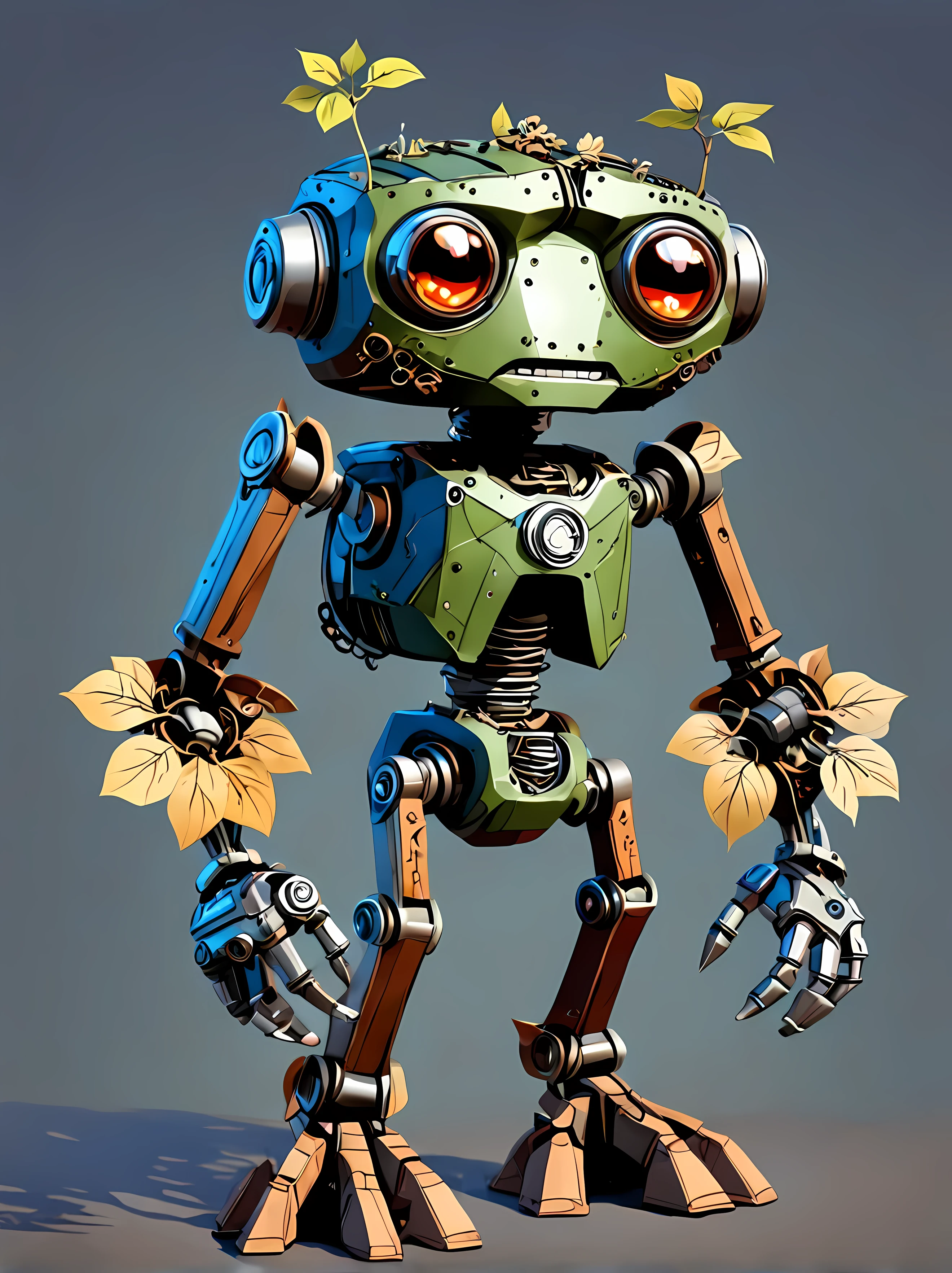 Vector Cartoon Illustration, full shot, design a mesmerizing mechanical puppet representing  the earth element, sturdy metal materials, earthy tones and rocky textures, ((root-like joints and vine-like details)), floral accents, masterpiece in maximum 16K resolution, superb quality. | ((More_Detail))