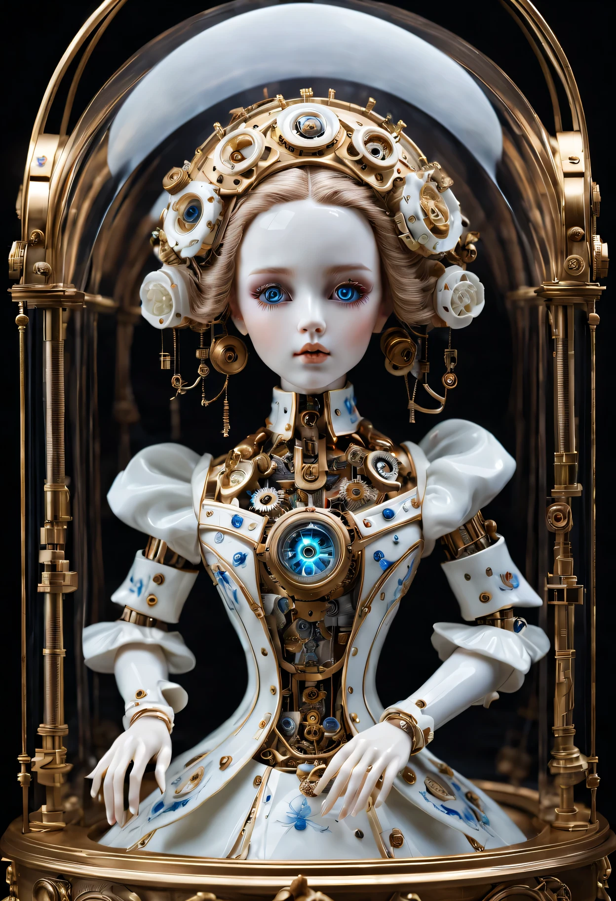 [best quality, high resolution, Super detailed, lifelike:1.37],Futuristic ceramic mechanical doll in display case, Detailed mechanical joints, shiny porcelain surface, Complex clockwork mechanism, Exquisite porcelain fingers, Expressive porcelain face, realistic glass eyes, Superb craftsmanship, lifelike movements, bright colors, Dynamic lighting, elevated on pedestal