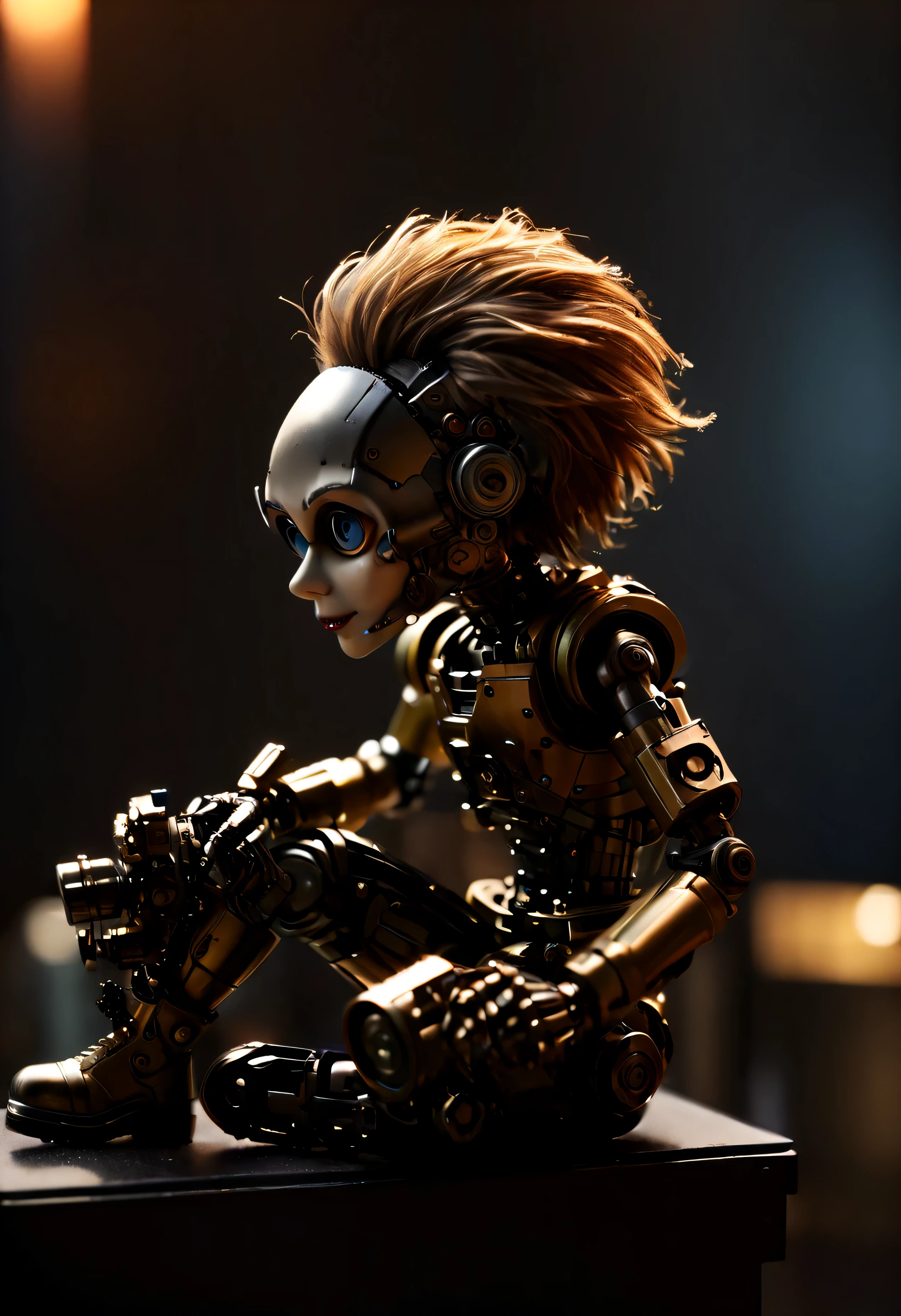 ((Masterpiece in maximum 16K resolution):1.6),((soft_color_photograpy:)1.5), ((Ultra-Detailed):1.4),((Movie-like still images and dynamic angles):1.3),| (Macro shot cinematic photo of a mechanical puppet sitting down), (macro lens), (shimmer), (visual experience) ,(Realism), (Realistic),award-winning graphics, dark shot, film grain, extremely detailed, Digital Art, rtx, Unreal Engine, scene concept anti glare effect, All captured with sharp focus.