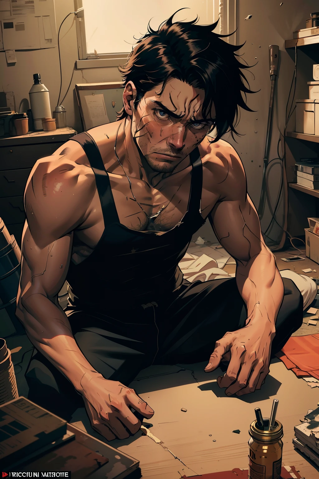 Be constantly itchy: Male protagonist withscratched face and disheveled hair, clothes in disarray, scratching various body parts, red welts on skin from relentless itching, desperate and frustrated expression, looking at viewer as if seeking understanding or relief, in a dimly lit and cluttered room, with a pile of unfamiliar, potentially allergic substances nearby. The overall aesthetic should capture a sense of discomfort and unease, using muted colors and a gritty texture.