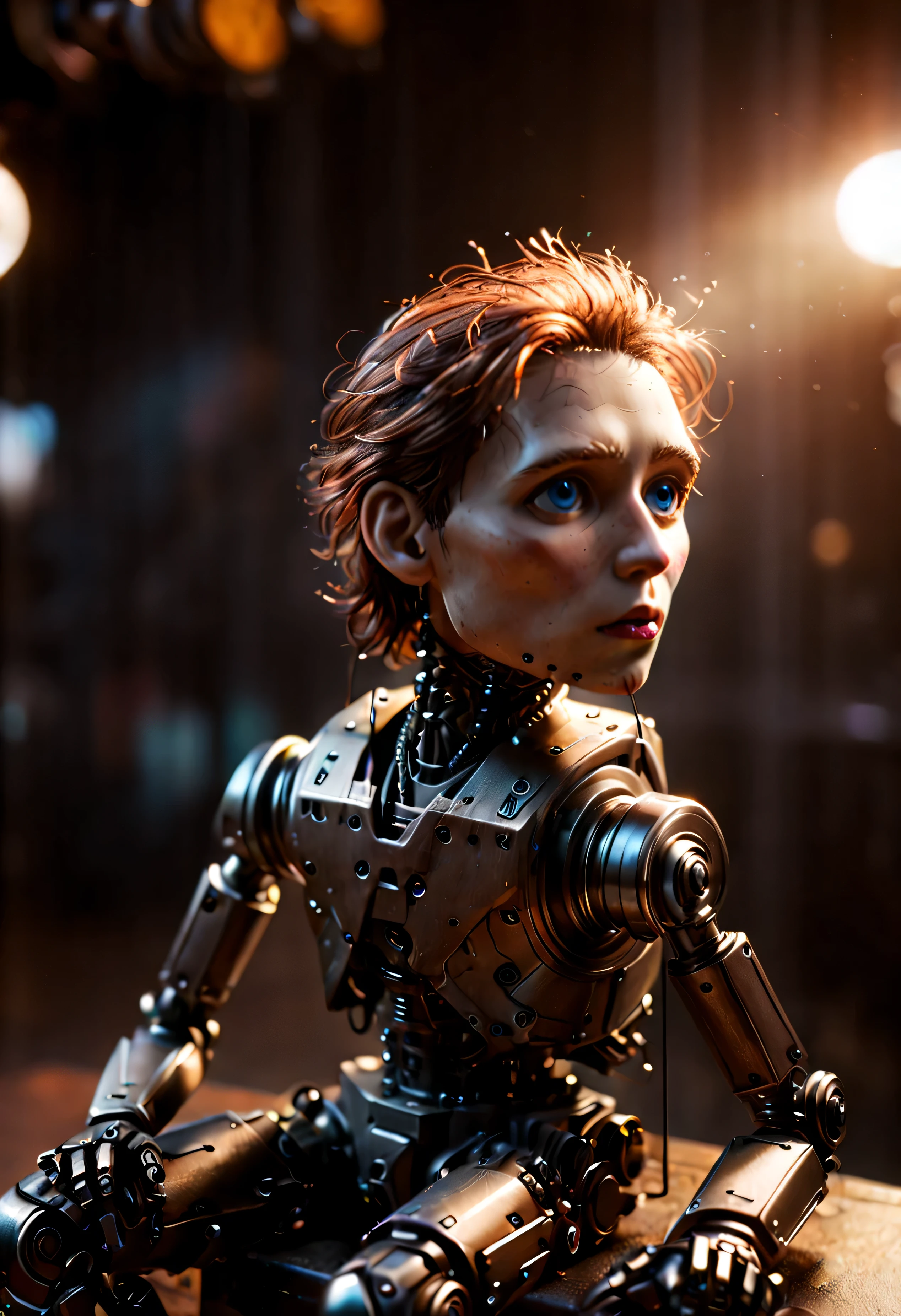 ((Masterpiece in maximum 16K resolution):1.6),((soft_color_photograpy:)1.5), ((Ultra-Detailed):1.4),((Movie-like still images and dynamic angles):1.3),| (Macro shot cinematic photo of a mechanical puppet sitting down), (macro lens), (shimmer), (visual experience) ,(Realism), (Realistic),award-winning graphics, dark shot, film grain, extremely detailed, Digital Art, rtx, Unreal Engine, scene concept anti glare effect, All captured with sharp focus.