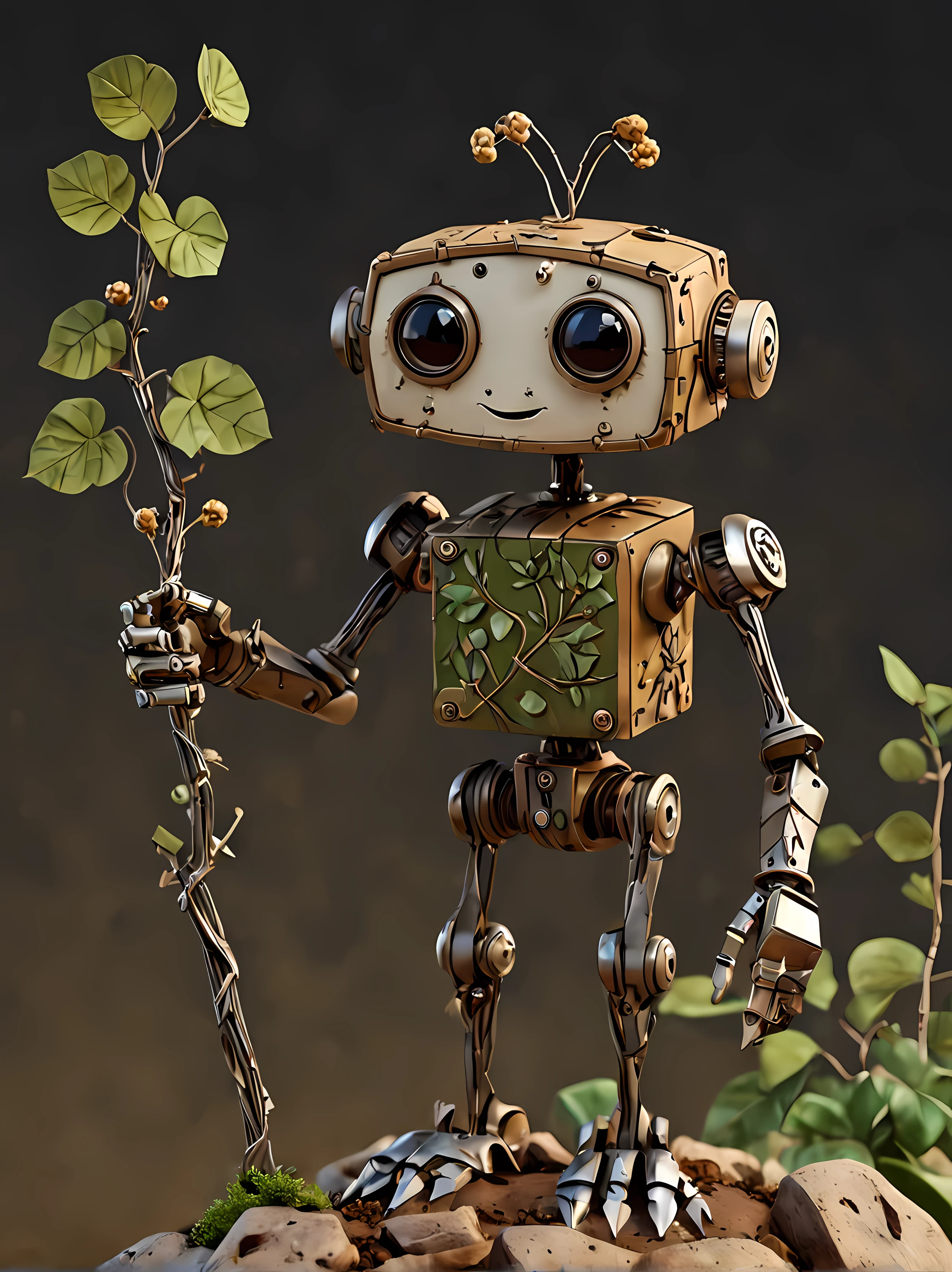 Full shot, cute cartoon style, design a mesmerizing mechanical puppet representing  the earth element, sturdy metal materials, earthy tones and rocky textures, ((root-like joints and vine-like details)), floral accents, masterpiece in maximum 16K resolution, superb quality. | ((More_Detail))