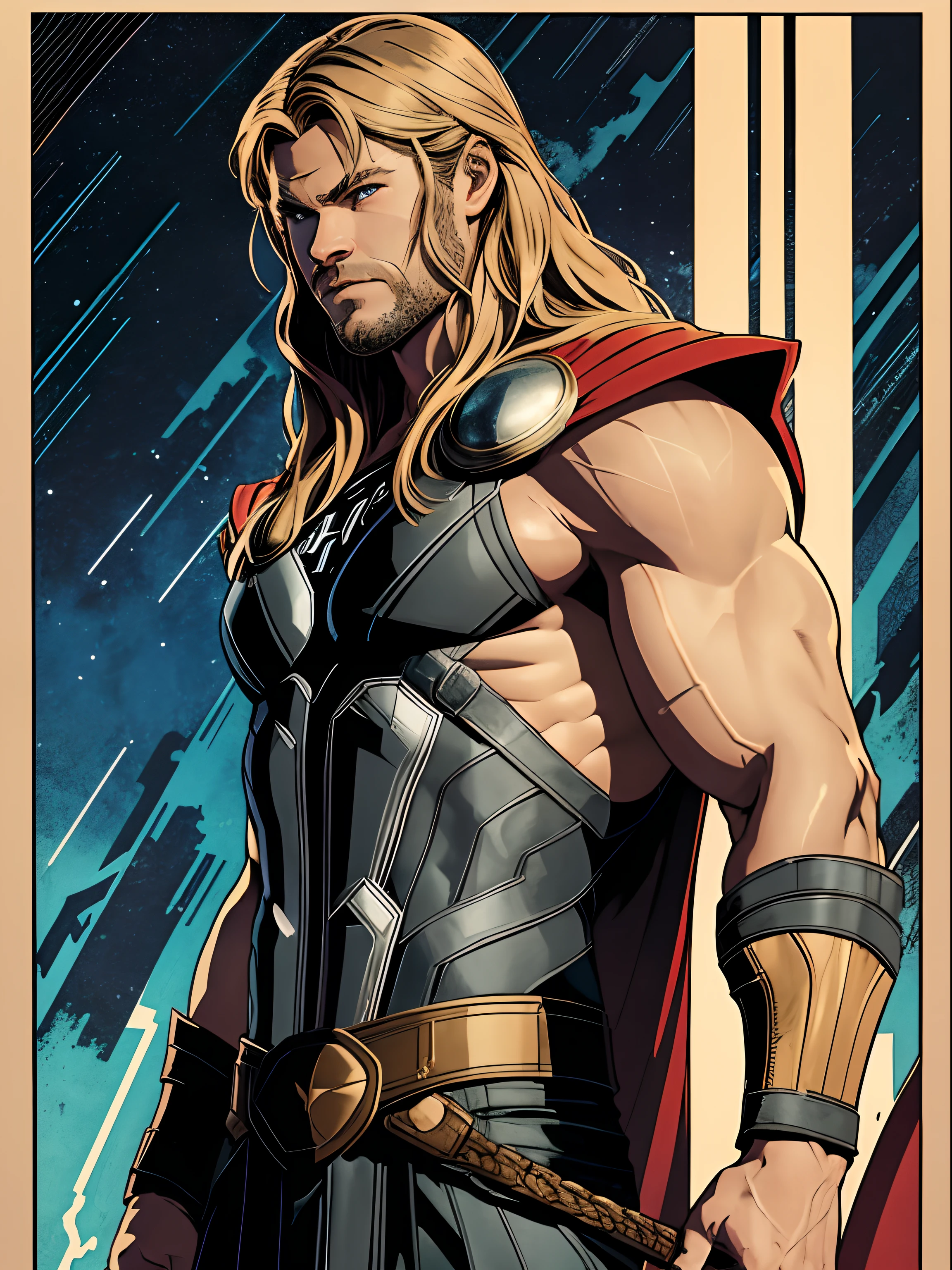 midshot, (cel-shading style:1.3), centered image, ultra detailed illustration of Thor from Marvel, posing, (tetradic colors), inkpunk, (ink lines:1.1), strong outlines, art by Alphonse Mucha, Gustav Klimt, Art Deco, bold traces, unframed, high contrast, (cel-shaded:1.1), vector, 32k resolution, best quality, flat colors, flat lights (Chris Hemsworth as Thor).