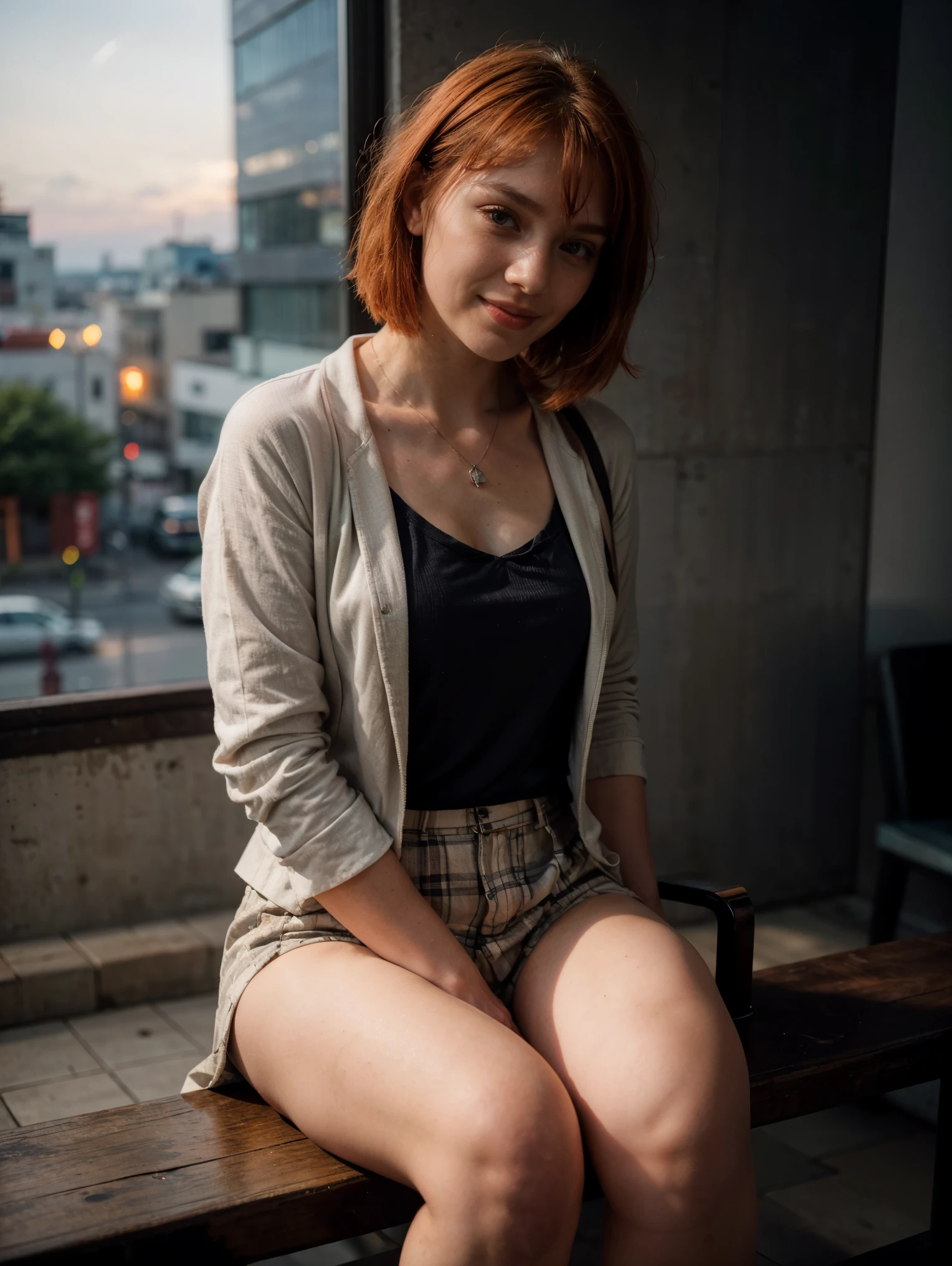(perfect lighting, Perspectiva perfeita, 8k raw,Russian girl, Russian traits, natural red hair,1girl, maxilar bonito, Alto detalhado, peitos perfeitos, realistic, 8k raw,rosto detalhado, Red hair, olhando para o espectador, jewelry, (franja) sardas (olhos azuis) cabelo curto, corpo inteiro, short hair style, short red hair style) Tokyo, moletom, sunset, smiling, sitting on handrail, cabelo flutuante, blazer,