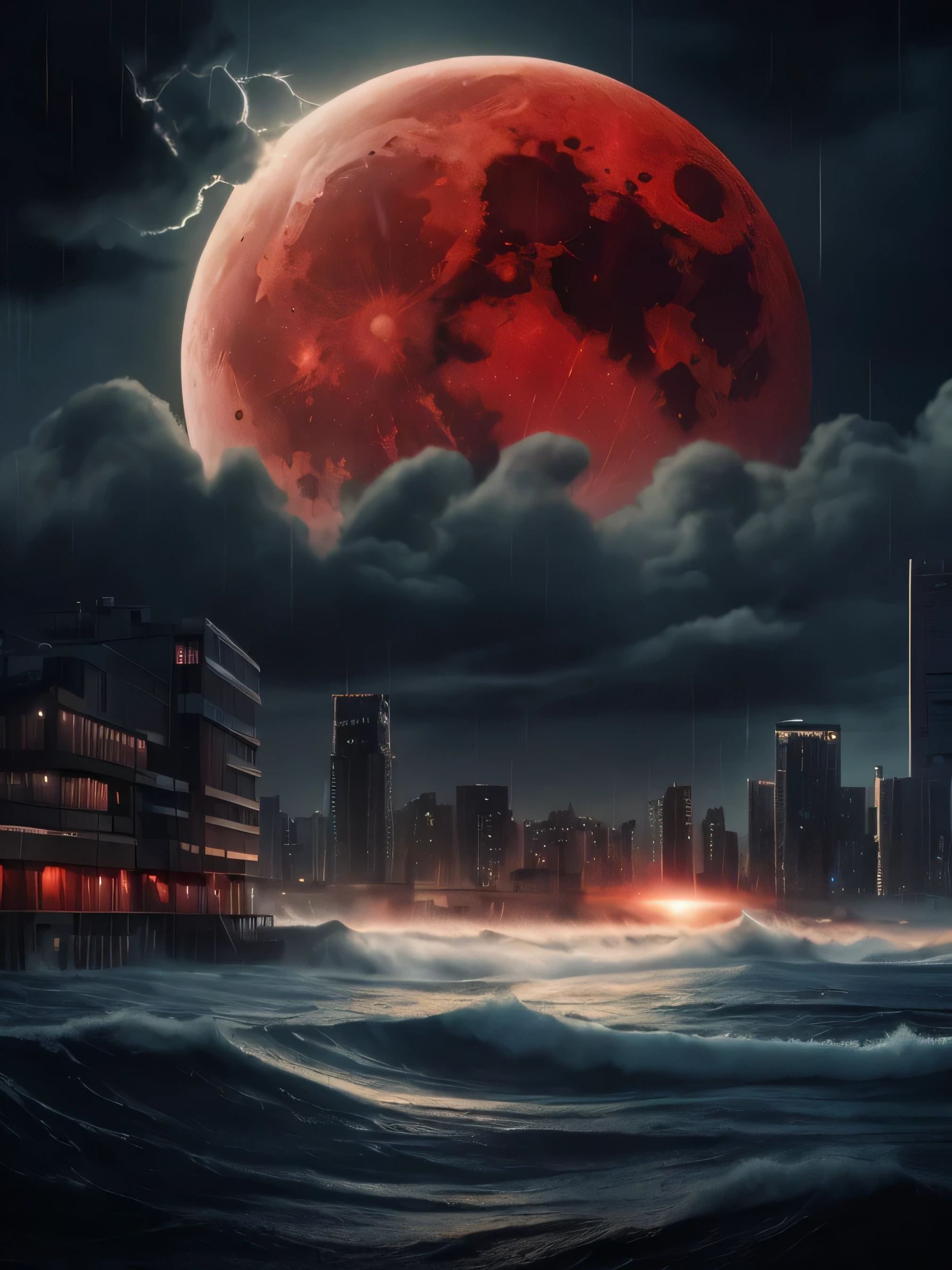 arafed view of a city with a red moon in the sky, red moon over stormy ocean, blood moon background, full bloody moon, red moon, huge red moon, blood moon, full blood moon, blood red moon, detailed crimson moon, stylized urban fantasy artwork, during a blood moon, full red moon, epic red - orange moonlight