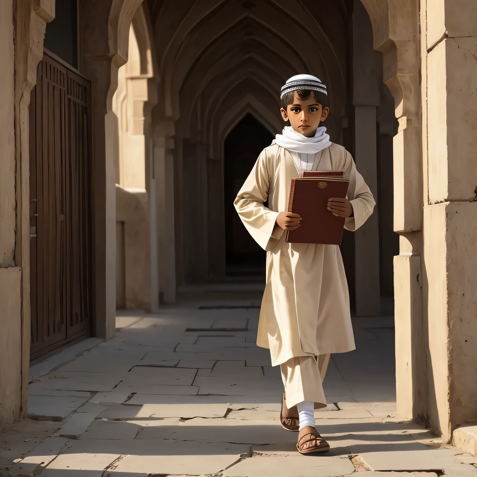 A walking Muslim boy carrying Quran on brodge