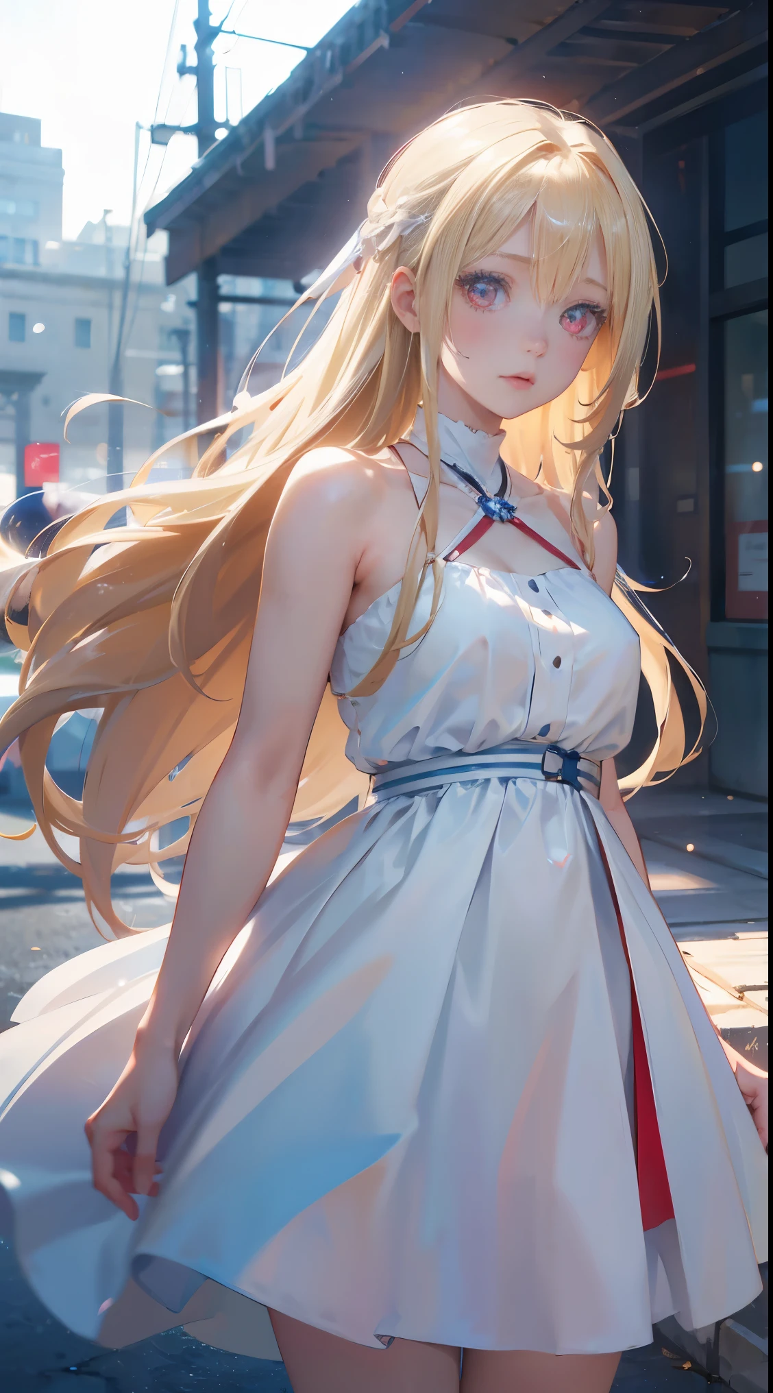 1girl,Albino, cute, beautiful, long hair, red eyes, wearing a white and blue dress, blonde hair,((8k, UHD, ultra realistic))