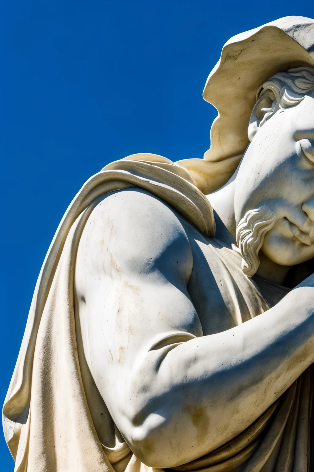 A hauntingly realistic Greek marble statue of a man, endeavored in eternal agony, wearing a tattered toga, fundo neutro, Moody, fotorrealista, beneath the brushstrokes of a thoughtful movie scene, super detalhada, hiper realista, bathed in brilliant, piercing lights, 8K. His contorted features, etched with the weight of unending suffering, invoke a sense of deep empathy and profound sorrow. A poignant reminder of the human condition, captured in stone.