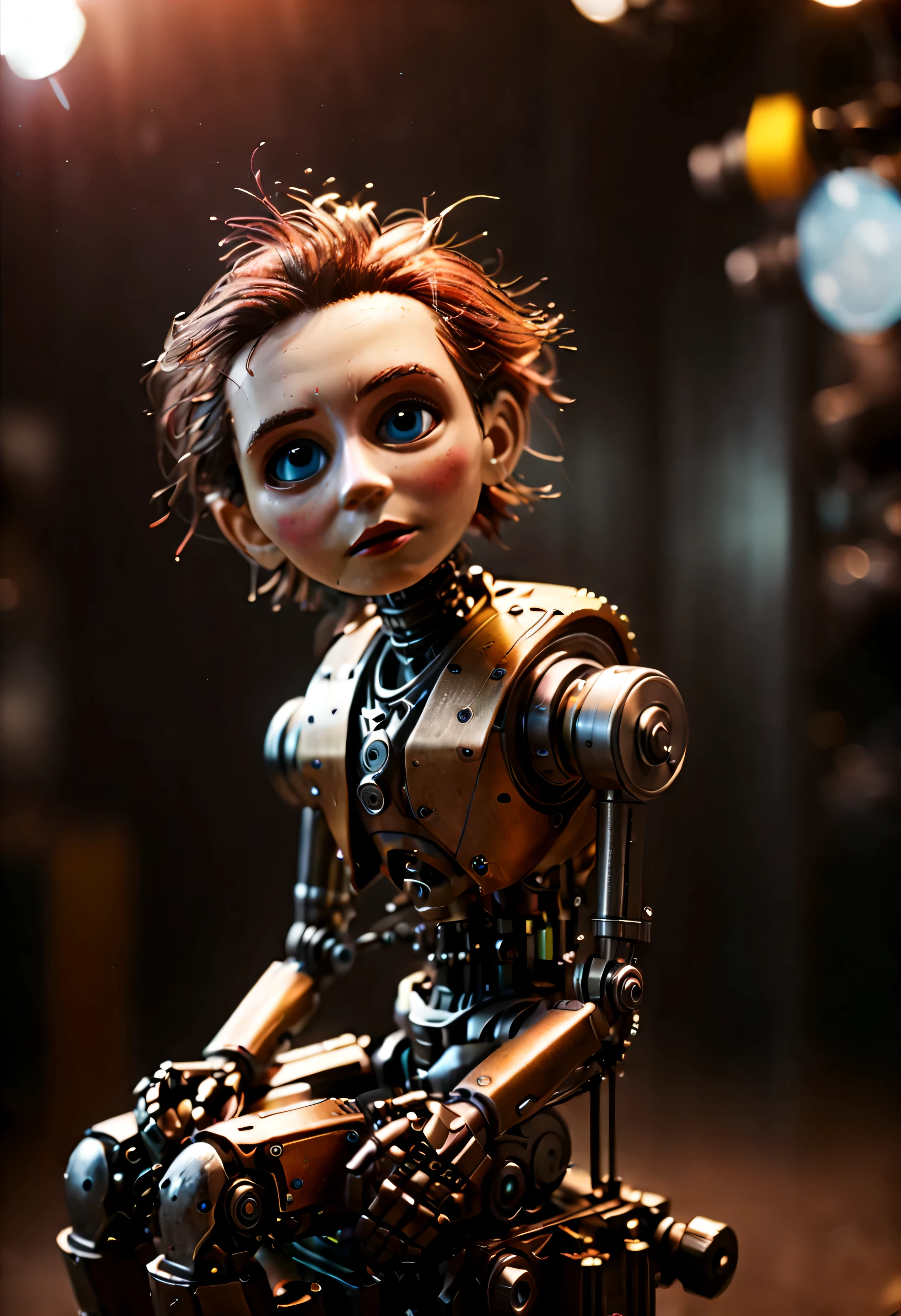 ((Masterpiece in maximum 16K resolution):1.6),((soft_color_photograpy:)1.5), ((Ultra-Detailed):1.4),((Movie-like still images and dynamic angles):1.3),| (Macro shot cinematic photo of a mechanical puppet sitting down), (macro lens), (shimmer), (visual experience) ,(Realism), (Realistic),award-winning graphics, dark shot, film grain, extremely detailed, Digital Art, rtx, Unreal Engine, scene concept anti glare effect, All captured with sharp focus.