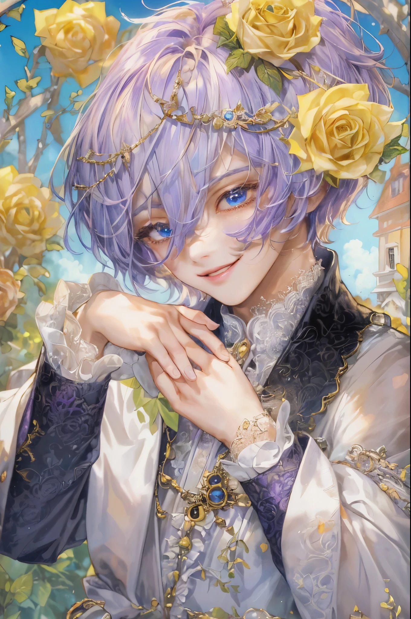 ((absurdres, highres, ultra detailed), 1 boy , front view, young boy, handsome boy villain character from sugar sugar rune, detailed short hair, anime eyes, detailed mage clothes with little purple details showing,finely detailed eyes red details showing and detailed face, smirk, dimples, extremely detailed CG unity 8k wallpaper, blue details on side, intricate details yellow details on left, portrait, ruin of pink roses, market theme, eyes on viewer, detailed houses town scenery background