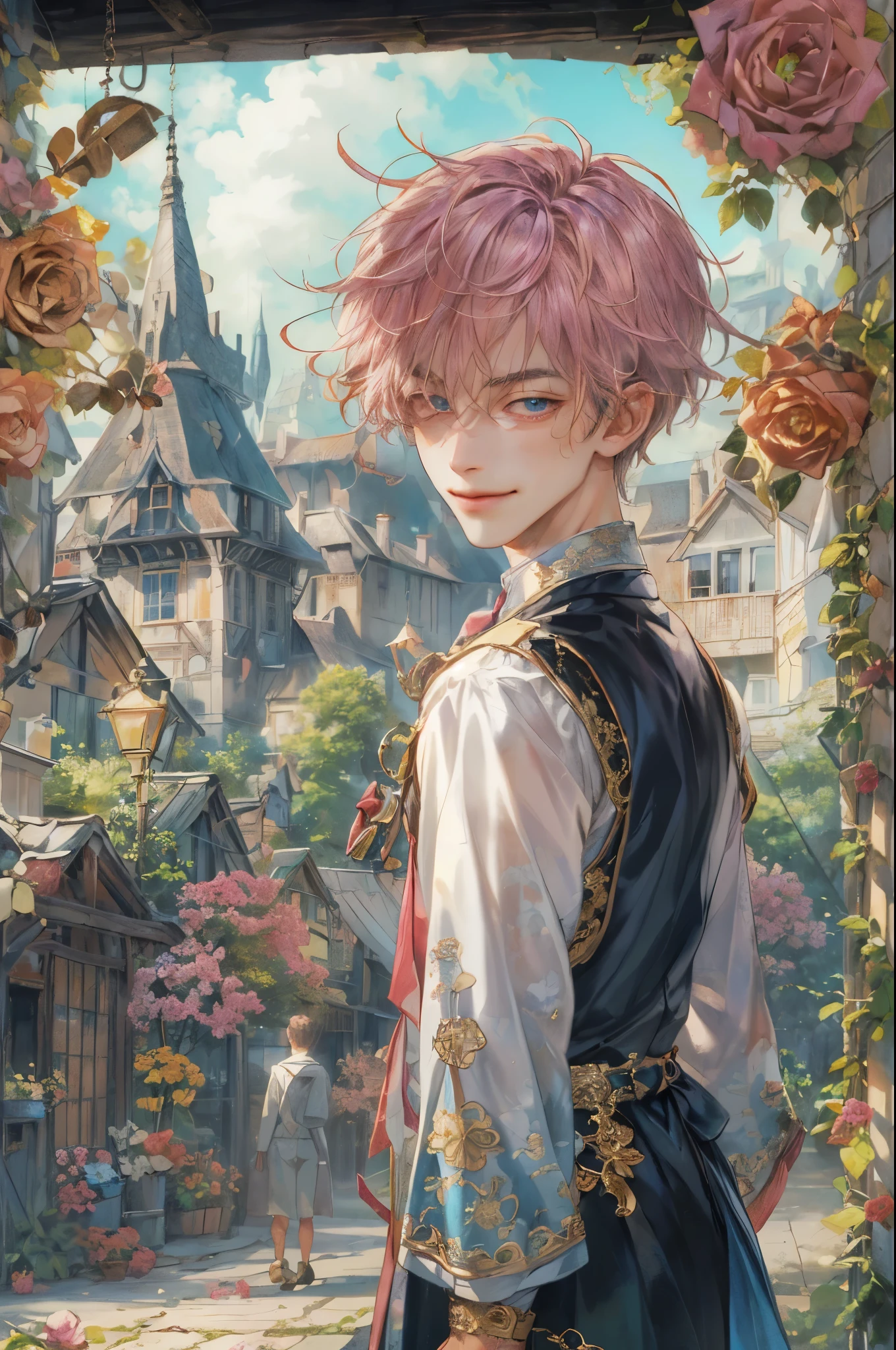 ((absurdres, highres, ultra detailed), 1 boy , front view, young boy, handsome boy villain character from sugar sugar rune, detailed short hair, anime eyes, detailed mage clothes with little purple details showing,finely detailed eyes red details showing and detailed face, smirk, dimples, extremely detailed CG unity 8k wallpaper, blue details on side, intricate details yellow details on left, portrait, ruin of pink roses, market theme, eyes on viewer, detailed houses town scenery background