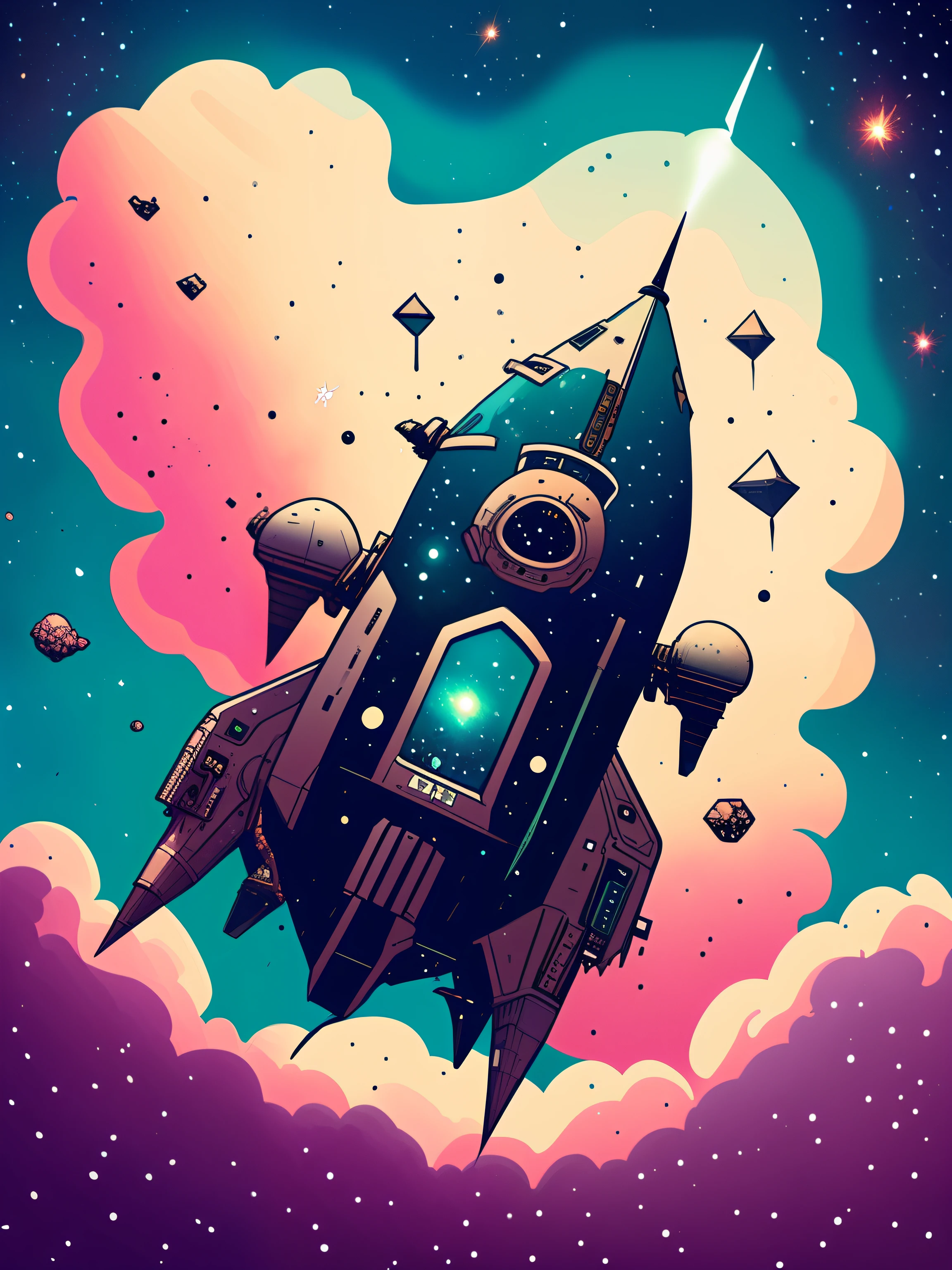 A design featuring a stylized rocket ship blasting off into space, surrounded by swirling galaxies and constellations