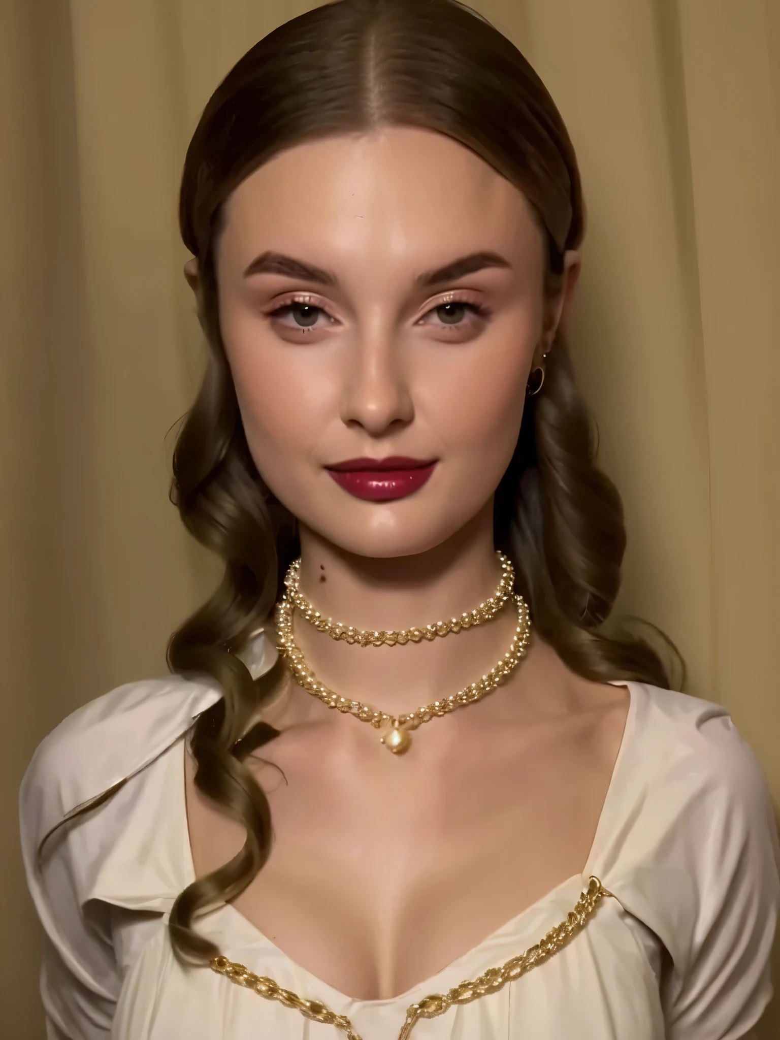 arafed woman in a white dress with a pearl necklace and pearl earrings, pearl choker, girl with a pearl earringl, pearl necklace, opulent pearl necklace, pearls and chains, gold and pearl necklaces, mid shot portrait, real photoshoot queen of oceans, pearls and gold chains, detailed portrait shot, editorial portrait, looking to the side off camera