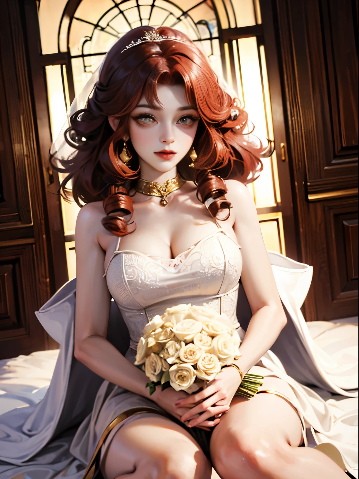 (((1 girl, red curly hair, golden eyes, Wedding dress.)))