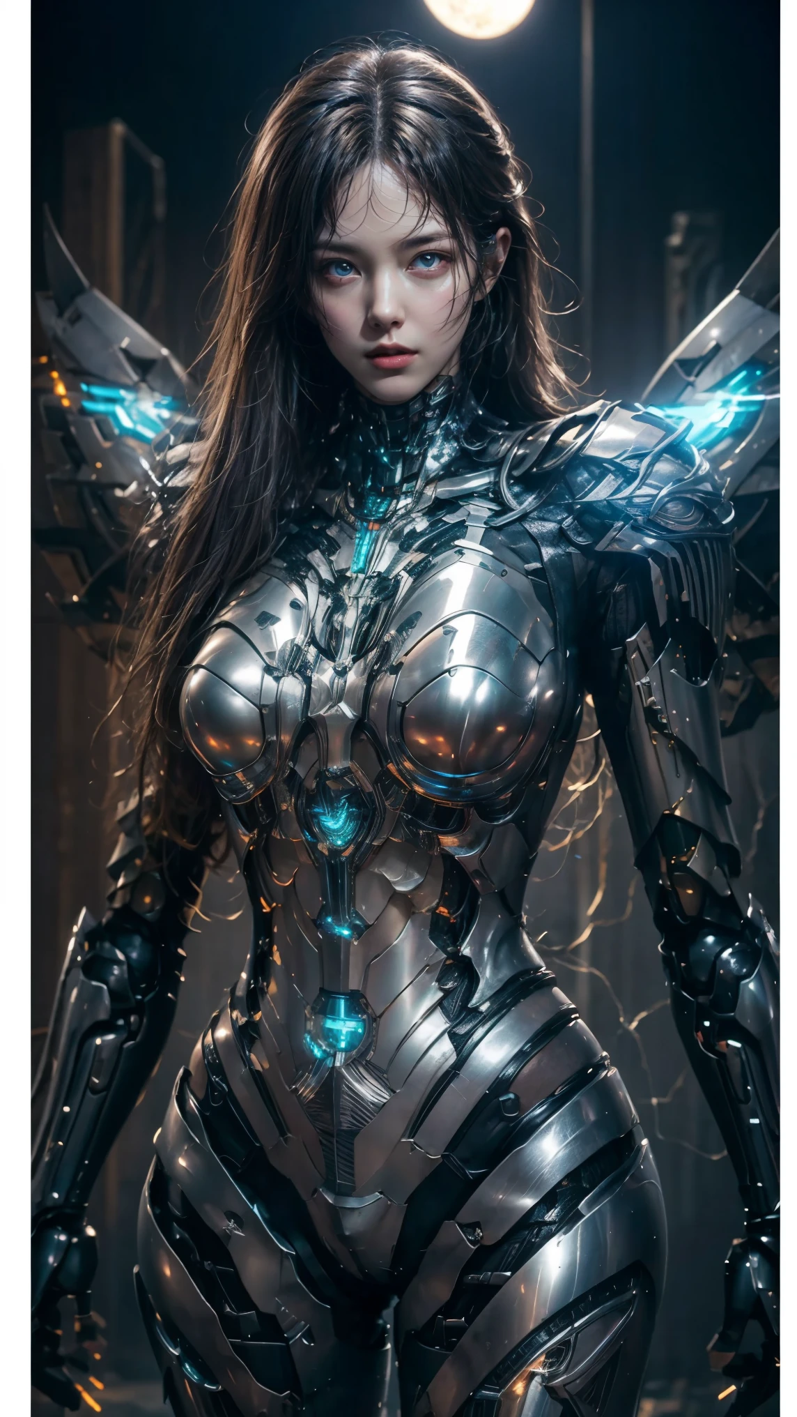 Cinematic scene, extremely detailed, Ultra realistic, masterpiece, best quality graphics, 1girl, adult, brown eyes, pretty face, wearing mecha armor. Led, steel, body suit, dark color. At night moonlight. (((full body view))), best point of view. UHD, Ultra High Resolution, best graphics quality. Inspired by Hanaya.