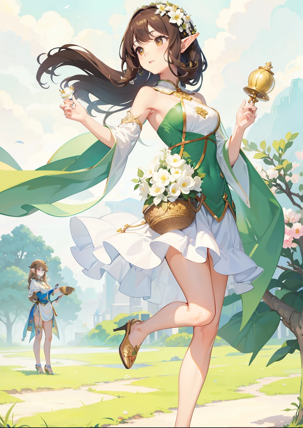 Elf Girl，light brown hair，hair length，brown eyes , shiny skin，Princess，Extremely detailed CGunity8 wallpaper，masterpiece，（Ultra-detailed），（revelation），（flower hairpin，flowers，gardener），grow，Nature，High heel，whole body，Fully equipped with clothes