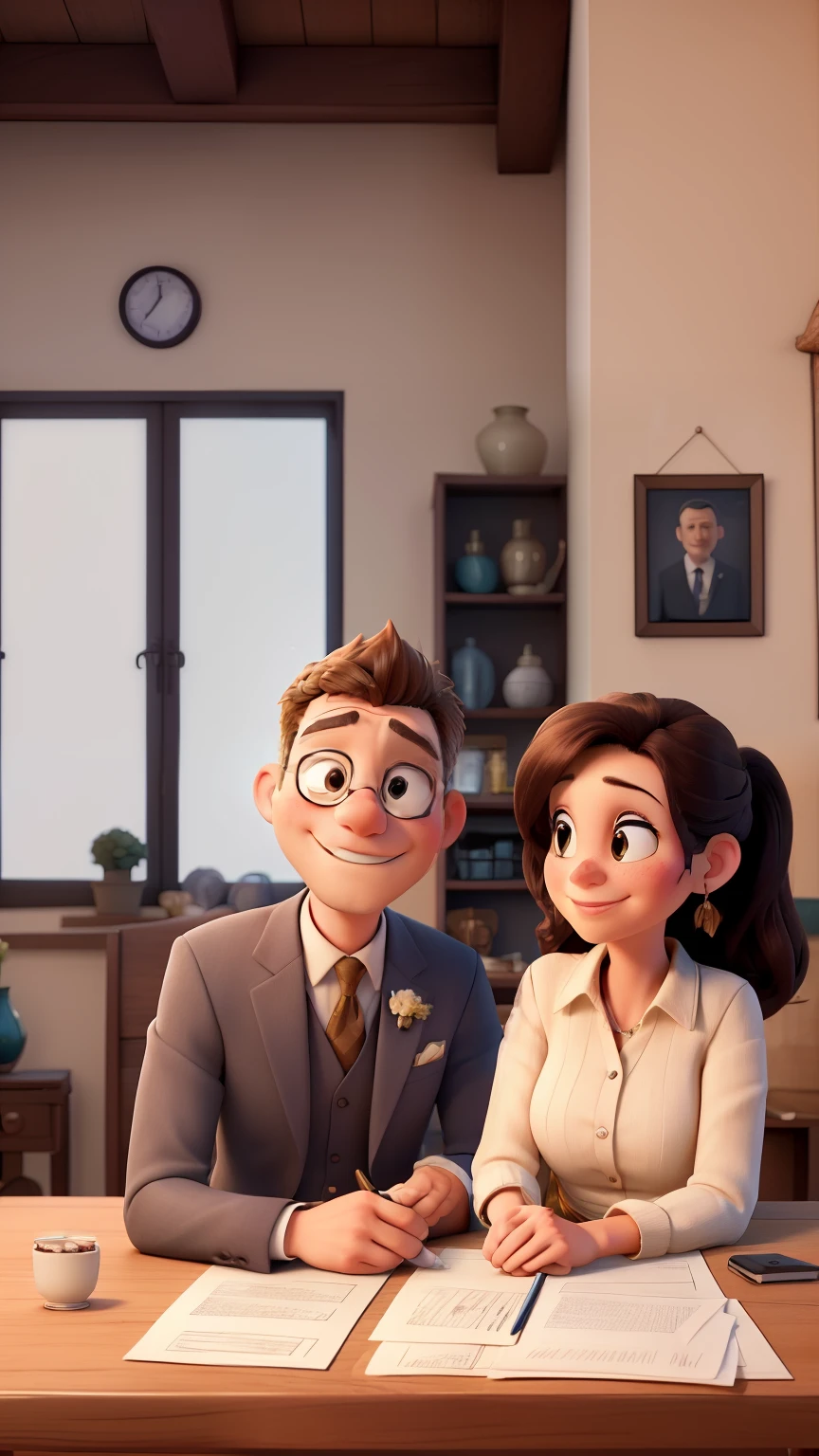 A husband and wife signing a contract while sitting together, pen in hand, at a wooden table covered in papers. The husband is wearing a professional suit and has a serious expression on his face, while the wife is elegantly dressed and has a confident smile. The scene is bathed in warm, natural light, creating a welcoming and positive atmosphere. The contract is written on high-quality, cream-colored paper, with fine, intricate details visible. The husband's signature is bold and precise, reflecting his determination and commitment, while the wife's signature is graceful and flowing, revealing her trust and partnership. The room is tastefully decorated with framed family photos and a vase of fresh flowers, symbolizing their shared love and bond. The overall image is of best quality, with a realistic and photorealistic style, capturing every nuanced detail of the couple and their surroundings. The color scheme is warm and inviting, with rich tones and vibrant hues that create a sense of warmth and harmony. The lighting is soft and gentle, casting subtle shadows that add depth and dimension to the scene.
