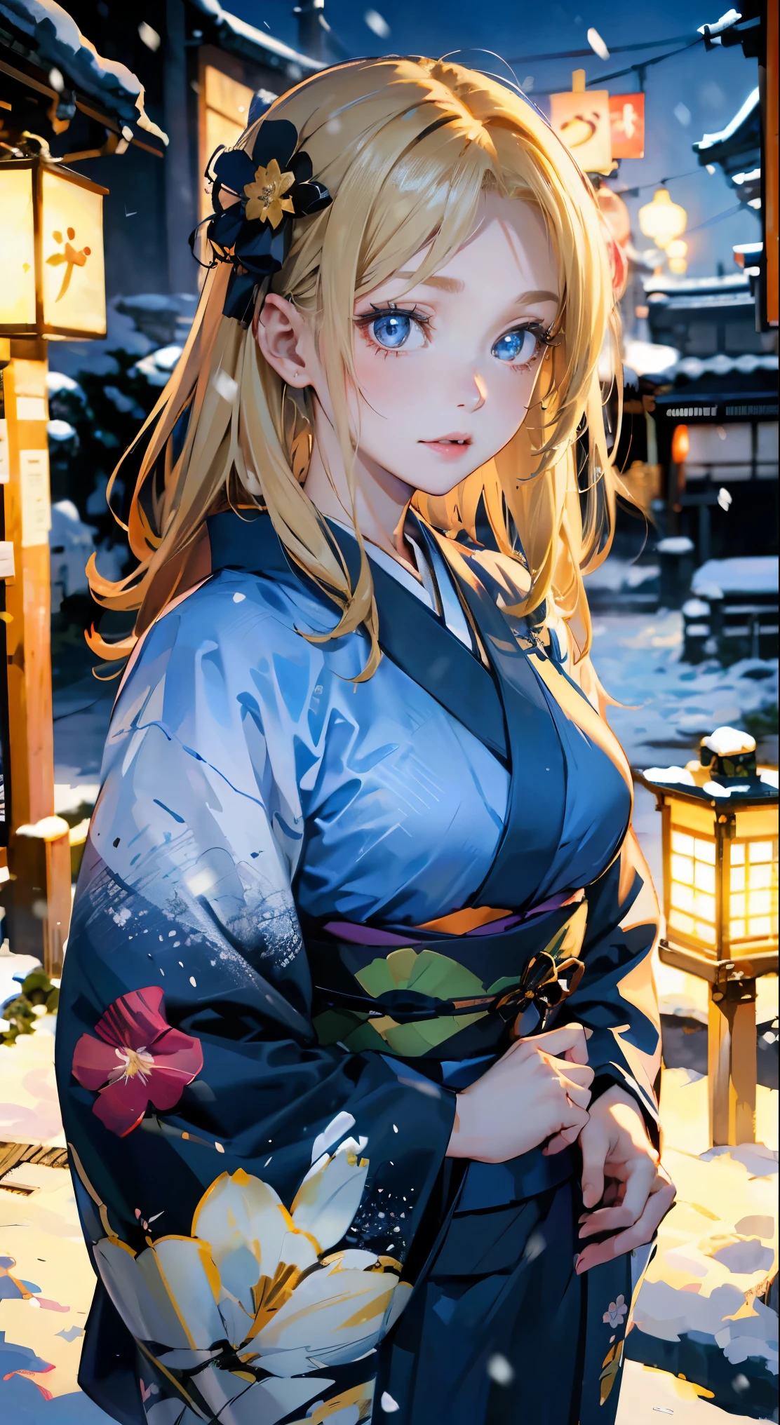(masterpiece),(top-quality:1.2),1girl in,(masuter piece:1.3),exquisitedetails, Highest quality 8K resolution,Vibrant colors, With warm and gentle lighting,(Melody Mark:1.3),(Black floral kimono:1.3),(Lots of lanterns),(Smooth straight blonde hair:1.4),(Hair parted in the middle:1.3),(Glowing hair),(Dark blue eyes:1.3),cute smile face,White skin, hair clips,Small necklace,(Kyoto in the snow:1.3)、