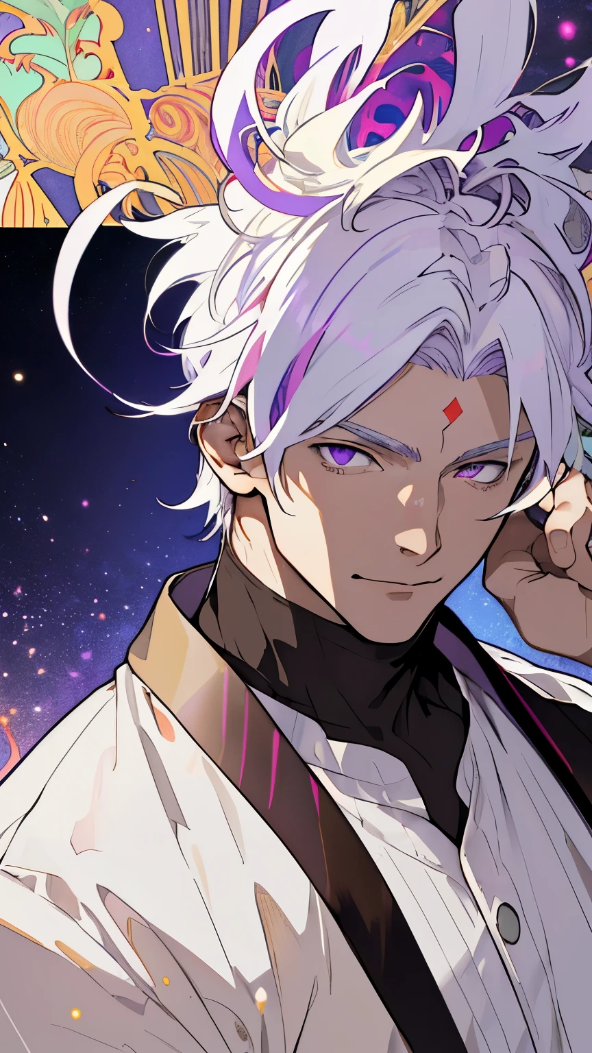 1man, white hair, multicolored hair, purple eyes, mask on head, sidelighting, light particles, wallpaper,
Alphonse Mucha style 