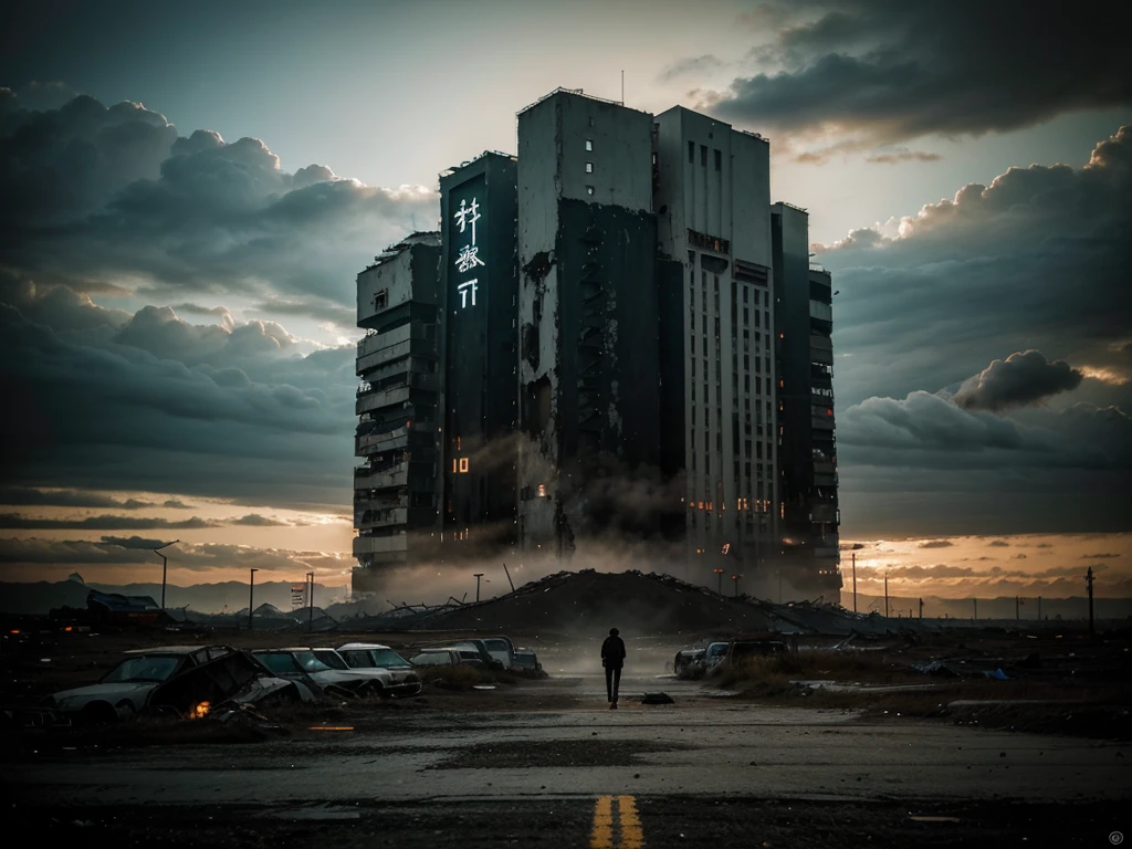 .(obra de arte), (melhor qualidade), (detalhado), landscape reminiscent of radioactive fallout, post-apocalyptic environment, Dark and atmospheric, cyberpunk and post-apocalyptic elements, paisagem urbana desolada, Ruined buildings, Abandoned vehicles, Fog and darkness engulfing the scene, High Resolution 8K Image, capturing the strange and mysterious essence of a world transformed by catastrophe