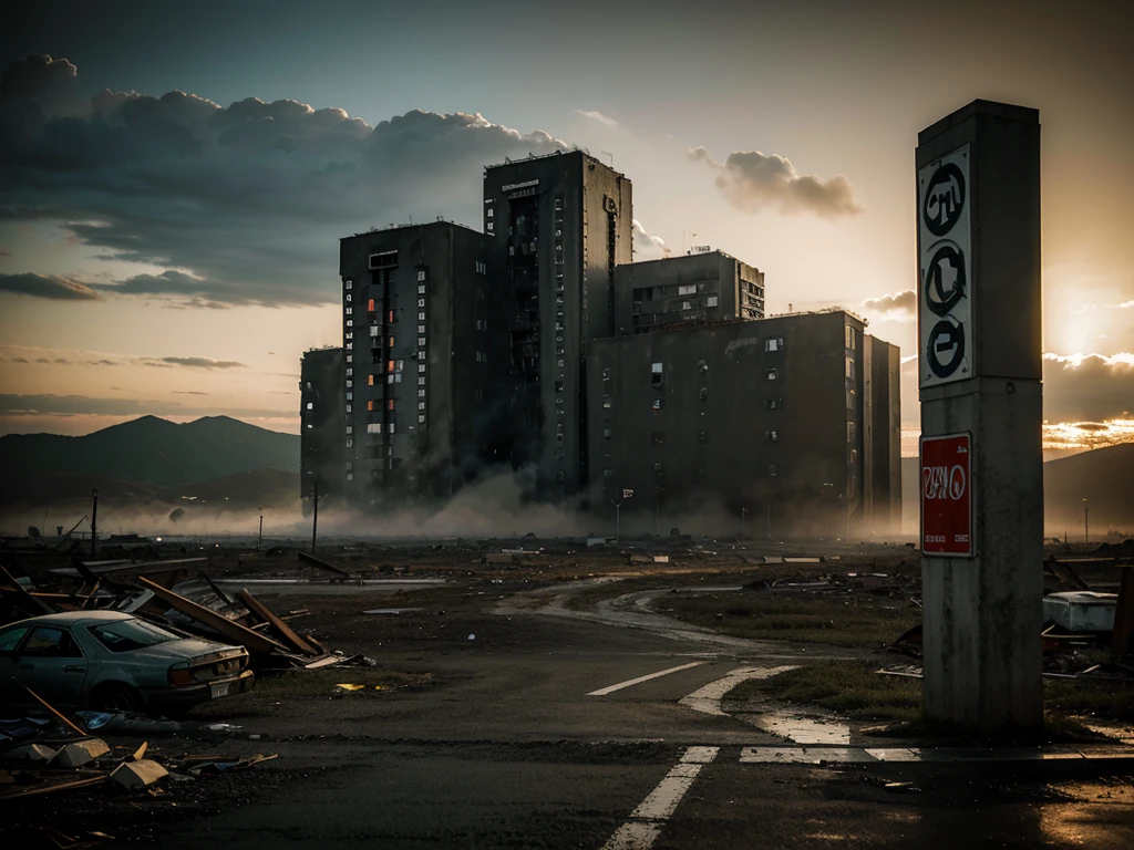 .(obra de arte), (melhor qualidade), (detalhado), landscape reminiscent of radioactive fallout, post-apocalyptic environment, Dark and atmospheric, cyberpunk and post-apocalyptic elements, paisagem urbana desolada, Ruined buildings, Abandoned vehicles, Fog and darkness engulfing the scene, High Resolution 8K Image, capturing the strange and mysterious essence of a world transformed by catastrophe