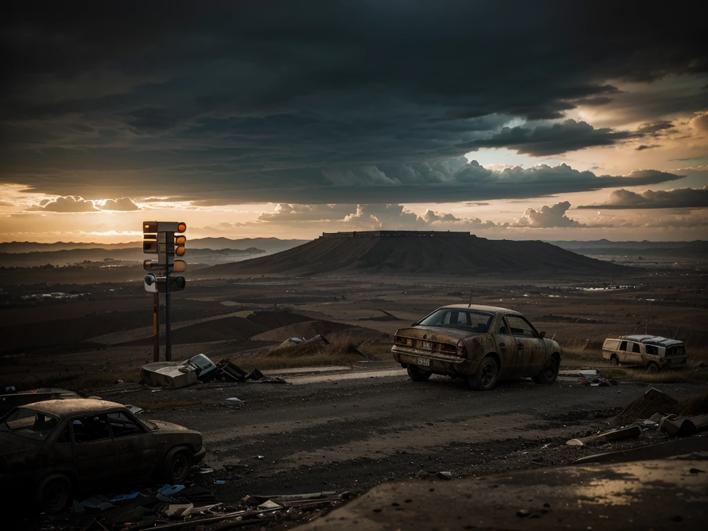 .(obra de arte), (melhor qualidade), (detalhado), landscape reminiscent of radioactive fallout, post-apocalyptic environment, Dark and atmospheric, cyberpunk and post-apocalyptic elements, paisagem urbana desolada, Ruined buildings, Abandoned vehicles, Fog and darkness engulfing the scene, High Resolution 8K Image, capturing the strange and mysterious essence of a world transformed by catastrophe
