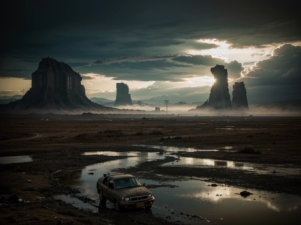 .(obra de arte), (melhor qualidade), (detalhado), landscape reminiscent of radioactive fallout, post-apocalyptic environment, Dark and atmospheric, cyberpunk and post-apocalyptic elements, paisagem urbana desolada, Ruined buildings, Abandoned vehicles, Fog and darkness engulfing the scene, High Resolution 8K Image, capturing the strange and mysterious essence of a world transformed by catastrophe