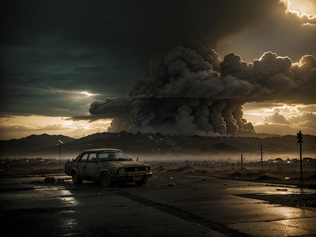 .(obra de arte), (melhor qualidade), (detalhado), landscape reminiscent of radioactive fallout, post-apocalyptic environment, Dark and atmospheric, cyberpunk and post-apocalyptic elements, paisagem urbana desolada, Ruined buildings, Abandoned vehicles, Fog and darkness engulfing the scene, High Resolution 8K Image, capturing the strange and mysterious essence of a world transformed by catastrophe