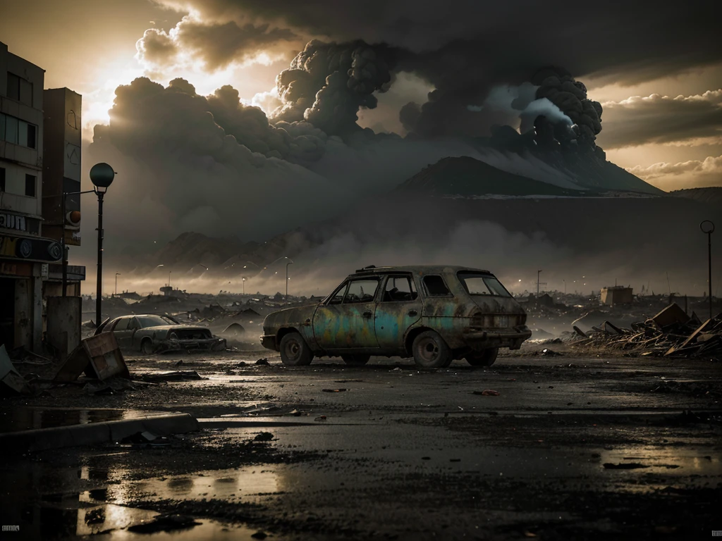 .(obra de arte), (melhor qualidade), (detalhado), landscape reminiscent of radioactive fallout, post-apocalyptic environment, Dark and atmospheric, cyberpunk and post-apocalyptic elements, paisagem urbana desolada, Ruined buildings, Abandoned vehicles, Fog and darkness engulfing the scene, High Resolution 8K Image, capturing the strange and mysterious essence of a world transformed by catastrophe