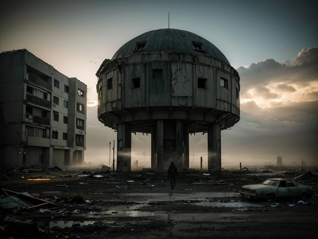 .(obra de arte), (melhor qualidade), (detalhado), landscape reminiscent of radioactive fallout, post-apocalyptic environment, Dark and atmospheric, cyberpunk and post-apocalyptic elements, paisagem urbana desolada, Ruined buildings, Abandoned vehicles, Fog and darkness engulfing the scene, High Resolution 8K Image, capturing the strange and mysterious essence of a world transformed by catastrophe