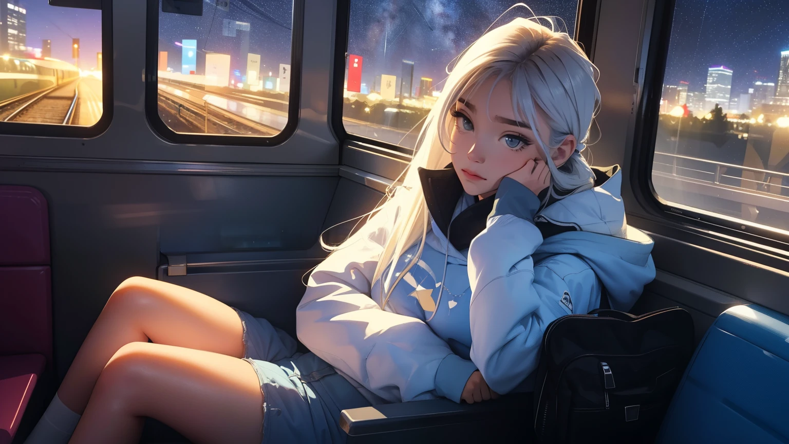 train, sit by the window, take a pensive posture, look at the stars, head stuck in glass, Scenery passing by at high speed, night trip, beautiful starry sky, Beautiful girl, UHD Portraits, (high quality) (ultra detail) Looking at viewers wearing hip-hop style streetwear; different, colorful, very white, dyed long hair 🌈
