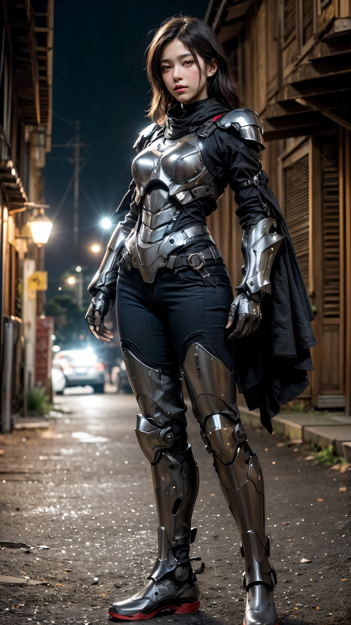 Cinematic scene, extremely detailed, Ultra realistic, masterpiece, best quality graphics, 1girl, adult, brown eyes, pretty face, wearing mecha armor. Led, steel, body suit, dark color. At night moonlight. (((full body view))), best point of view.