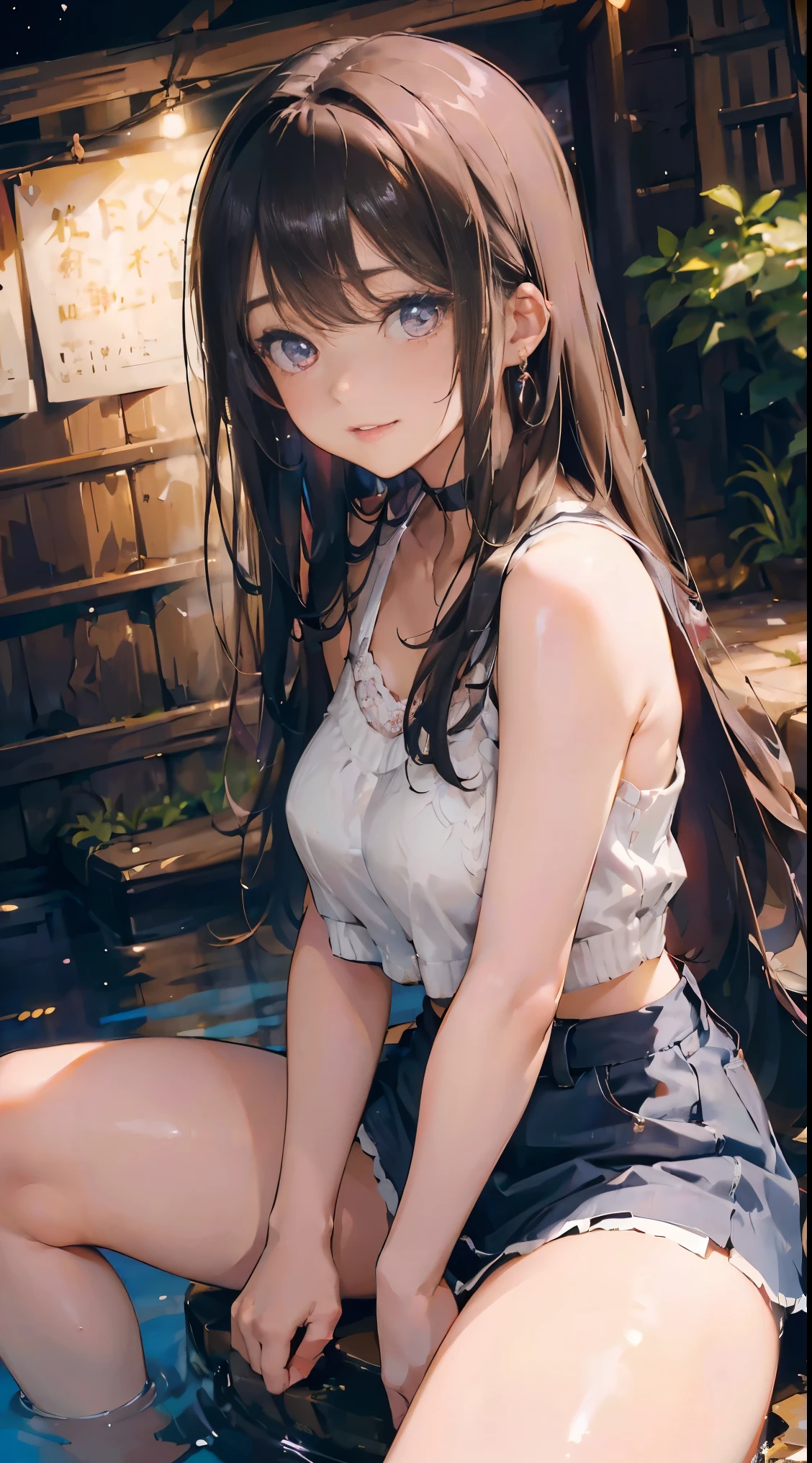 (best quality,4k,8k,highres,masterpiece:1.2),ultra-detailed,(realistic,photorealistic,photo-realistic:1.37),ponytail,black hair,high school girl,mini skirt,poolside, all fours,sunlight,bright colored clothes,slightly exposed necklin, White camisole、Bright blue miniskirt