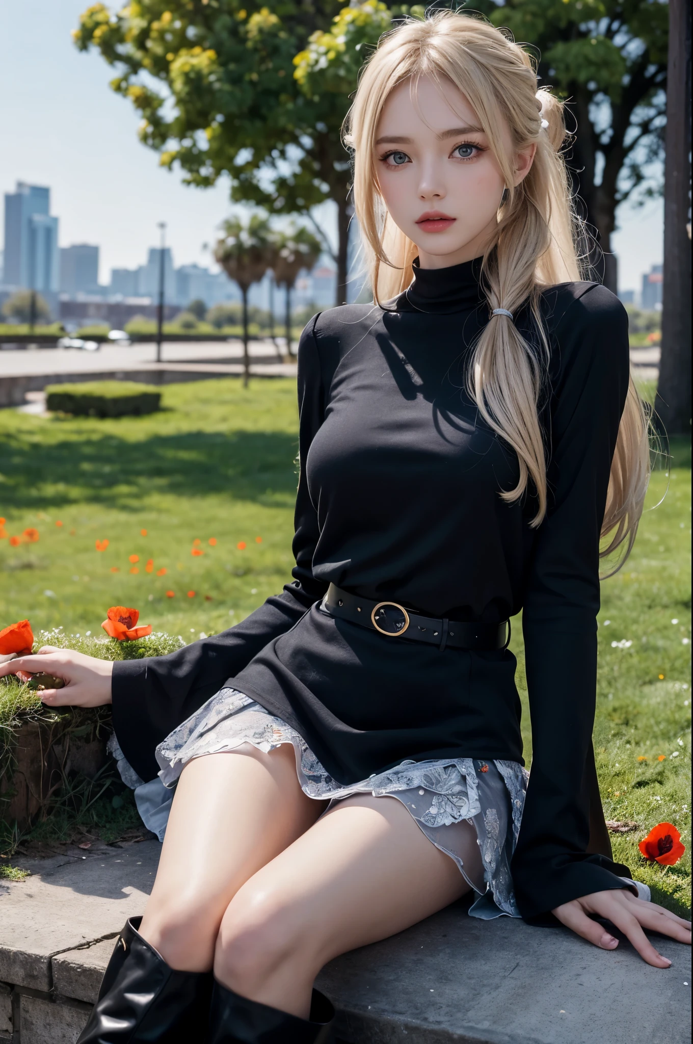 1girll, Charming Russian model Nata Lee, Long light blonde hair, dress, hair adornments, view the viewer, Mature female, Cityscape, Night, upper legs, clothing cutout, bangs, White skirt, ponytails, Cowboy shot, Long sleeves, belt, Blue eyes, Makeup, Blush, Black thigh boots, Armor, jewelry, Pedras preciosas, Overgrown with poppies, Natural skin texture, 4K textures, hdr, Intricate, Highly detailed, Sharp focus, Cinematic look, Describe the hand in detail, Sitting in the yard, Slender legs, Wear high heels.