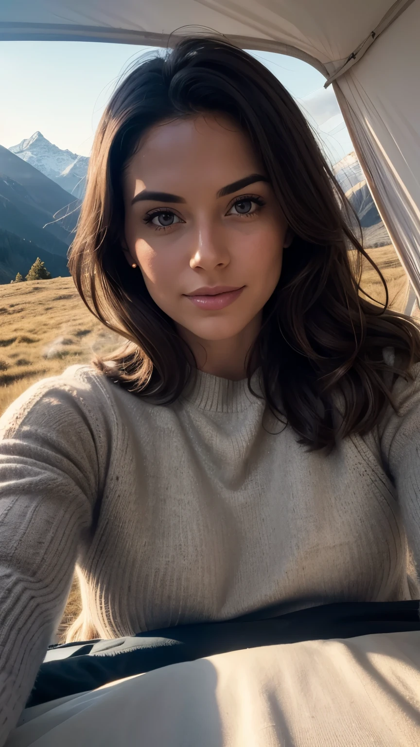 1 woman, American, beautiful, ((upper body selfie, happy)), Filming in a tent, Beautiful backlight, Tent Open Sign,Masterpiece, Best Quality, Ultra-detailed, Solo, exteriors, (natta), mountains, Nature, (sao, the moon) cheerful, happy,, Cosy in a sleeping bag, Inside the tent, When you open the tent, You can see some nice horsemen outside.., woods, rock formations, rivers, wood, smoke, shadowy, contrast, clear skies, analog style (looking up at viewer:1.2) (skin texture) (film grain:1.3), (warm hue, warm tone:1.2), close-up, Cinematic light, Sidelighting, The ultra-Highres, best shadows, ..raw, upper half body, wearing pullover, Relaxed and intimate photos, brunette, size DD breasts, pullover sweater