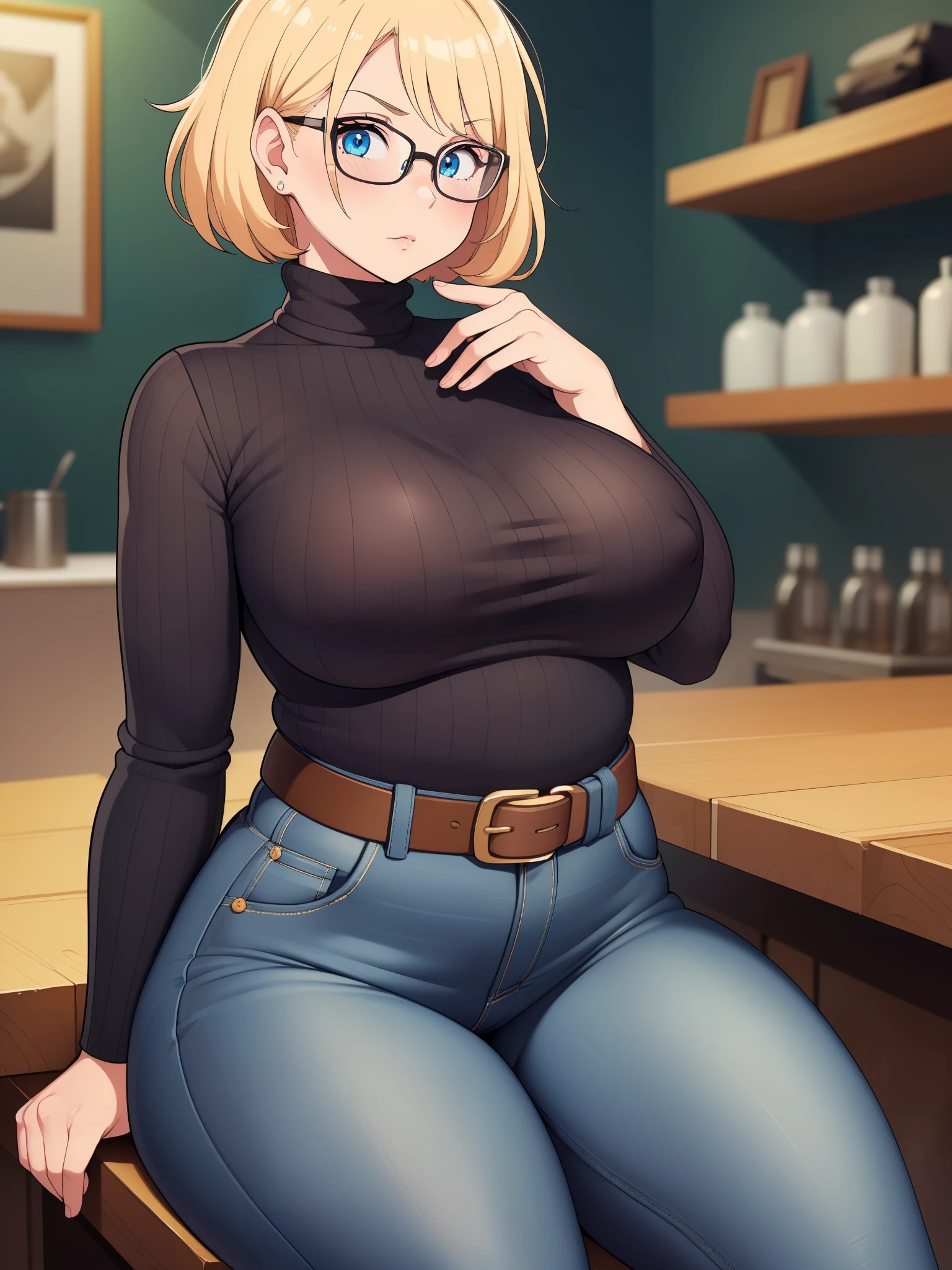 ((Masterpiece)), perfect anatomy, perfect shading, field of depth, (best quality), extremely delicate and beautiful, perfect lighting, detailed face, ultra cute face, cute, (cowboy shot 1.2), turned to the side, (((1girl))), ((solo)), looking at viewer,

short hair, fluffy hair, blonde hair, blue eyes, Glasses, ((Blush)), shy, nervous, (black turtleneck sweater 1.5), (jeans 1.2), belt, extremely tight clothes, medium breasts, ((wide hips)), ((thick thighs)), ((chubby)), chubby belly

coffee shop, sitting, intricate background, detailed background,