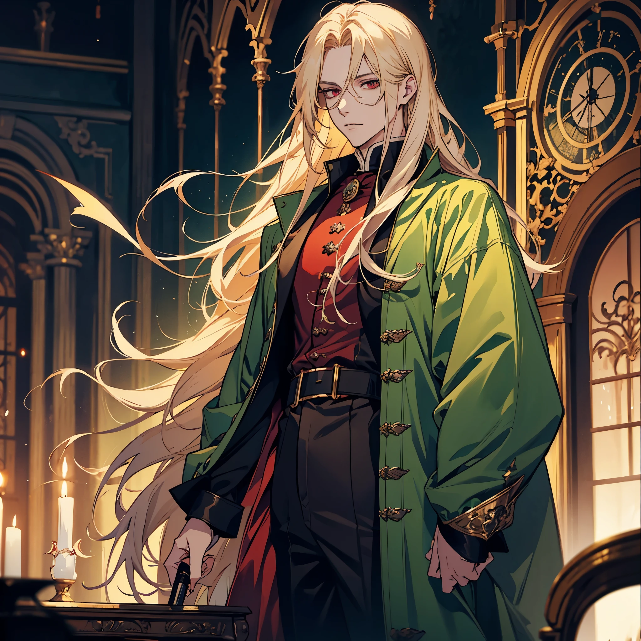 anime, one man with long blonde hair and a green coat, alucard, castelvania, beautiful androgynous prince, magical blond prince, delicate androgynous prince, handsome male vampire, detailed 25 year old male face, casimir art, anime handsome man, key anime art, vampire, fin wildcloak, johan liebert mixed with alucard, male vampire, red eyes