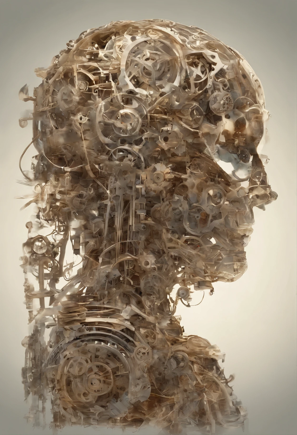 best quality, 32k, RAW photo, incredibly absurdres, extremely detailed, delicate texture, mechanical puppet made of many layers of gears, translucent ??????? diagram body, light emitting diode