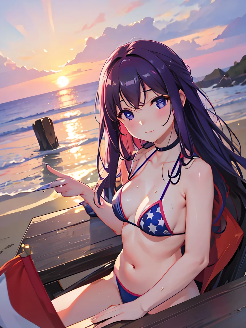 8k, 超A high resolution,RAW photo,(table top:1.2), (highest quality:1.2),realistic, realistic,sharp focus,Professional,girl holding a beach flag on the beach（purple long hair,black ）, Jump towards the flag, Small flag, Grab the flag, bring your face closer, Reach for the flag, swimsuit girl, scattering of sweat, competition