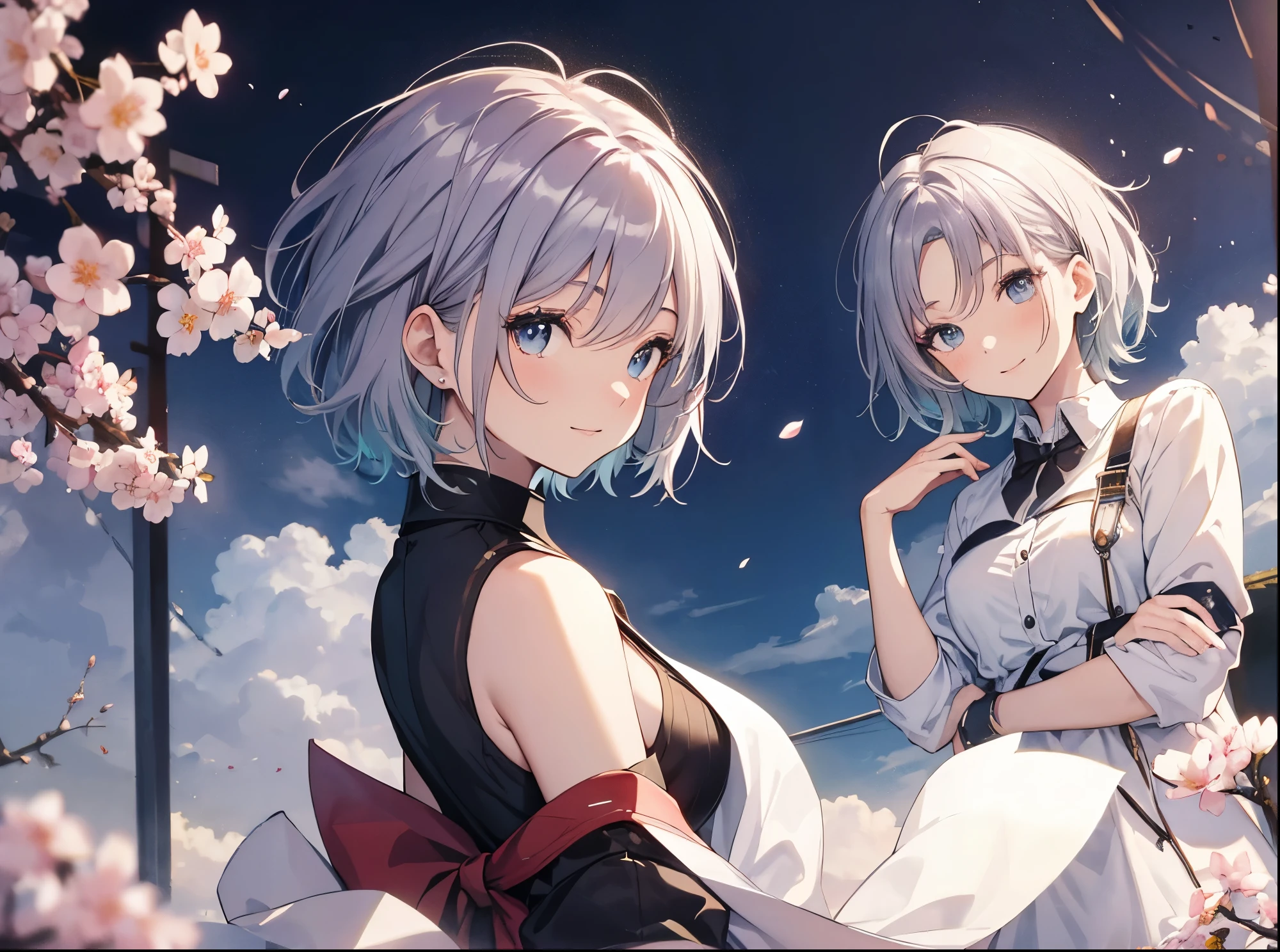 hyper detail diagram ,Ultra-fine illustration, ((((masterpiece)))), high quality, very_expensive_solve, big_file size, full color ,very可愛くて美しい女の子,veryキュートで美しいアニメの顔と目, very繊細な目,eye shadow,woman, young,20-year-old, short hair, alone, 1 girl, white skin , Waist to head, colorful hair(silver hair)、cute、smile、 , turn your arms behind your back, watercolor painting、beautiful background,near the sky、amazing background、cherry blossom background、uniform