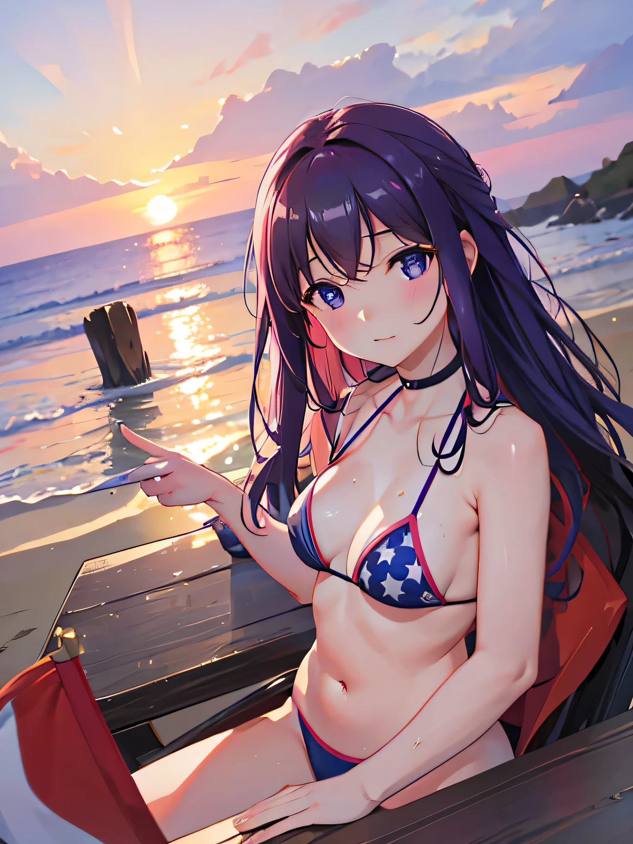 8k, 超A high resolution,RAW photo,(table top:1.2), (highest quality:1.2),realistic, realistic,sharp focus,Professional,girl holding a beach flag on the beach(purple long hair,black bikini), Jump towards the flag, Small flag, Grab the flag, bring your face closer, Reach for the flag, swimsuit girl, scattering of sweat, competition