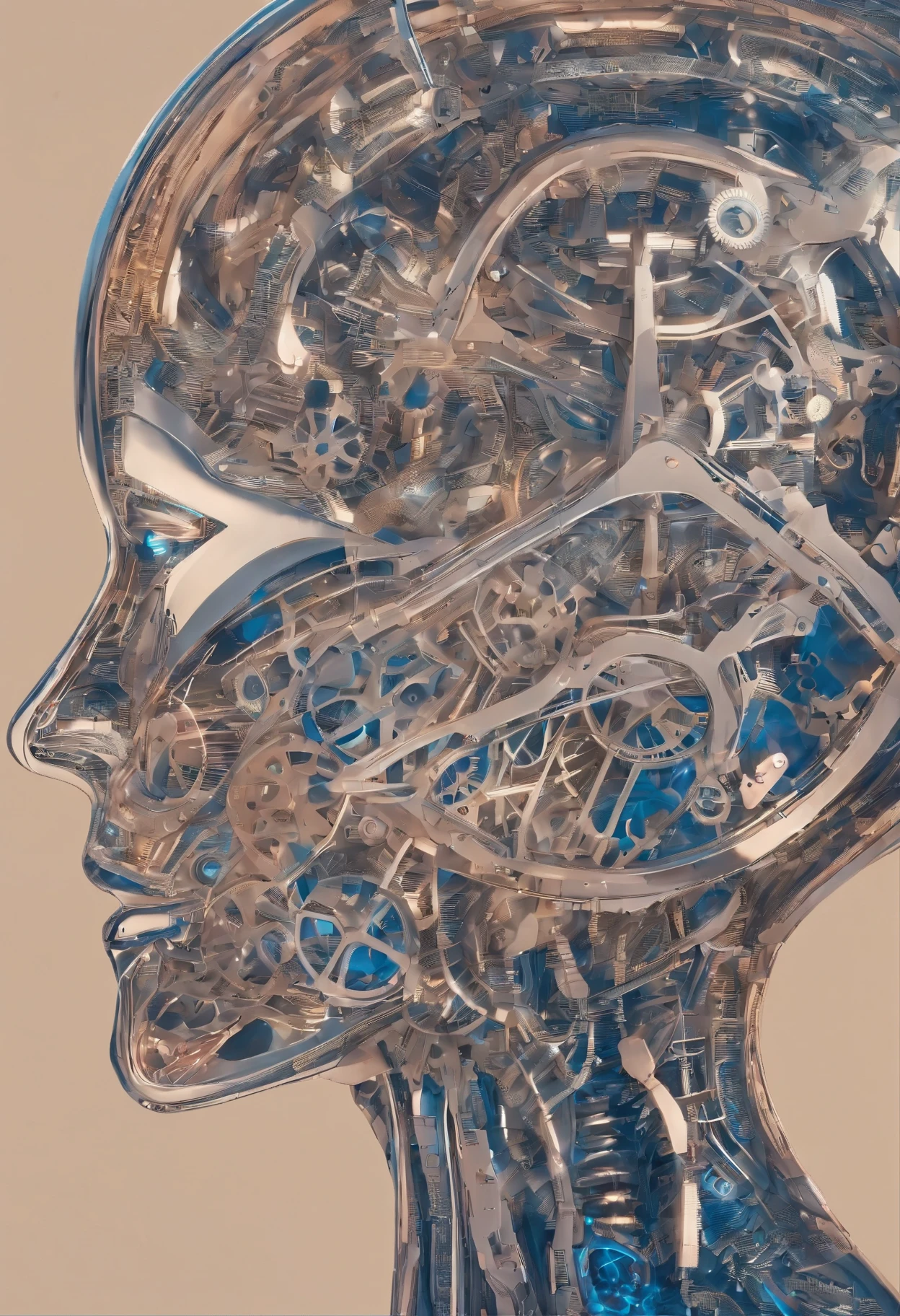 best quality, 32k, RAW photo, incredibly absurdres, extremely detailed, delicate texture, mechanical puppet made of many layers of gears, translucent anatomy diagram body, light emitting diode