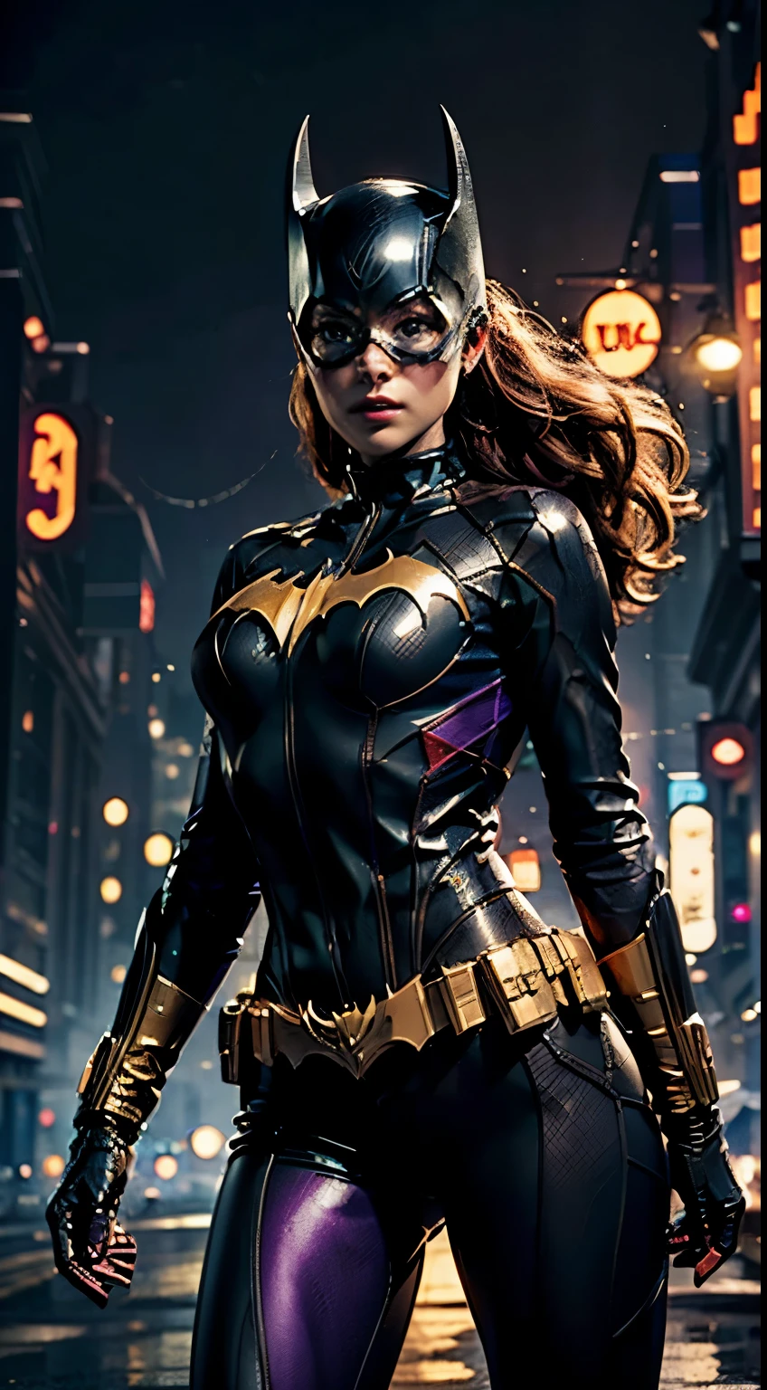 barbara gordon, purple color clothing, beauty, Batgirl clothes, Batgirl cosplay, nude , wind effect, full body photo, prominent figure, standing on the edge of a skyscraper, night, photo (Masterpiece) (Best quality) (Detail) (8K) (HD) (Wallpaper) (Cinematic lighting) (Sharp focus) (Intricate), sexy, rain, wet, rays, best quality, ultra high resolution, photorealistic, full body portrait,  incredibly beautiful, dynamic poses, detailed skin texture, highly detailed skin, detailed face,