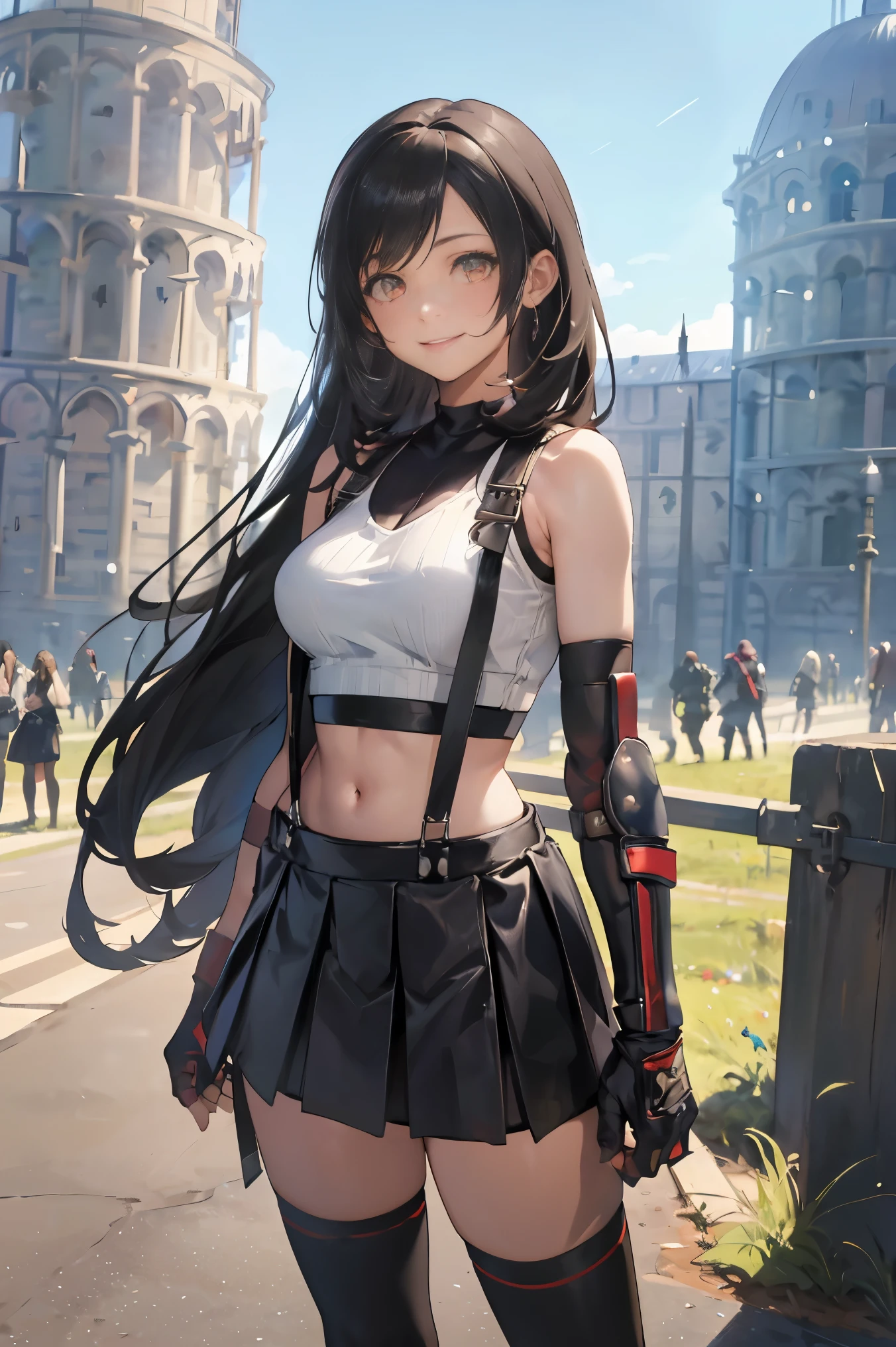 masterpiece, best quality, 7rtifa, crop top, arm guards, fingerless gloves, suspenders, pleated miniskirt, black thighhighs, upper body, standing, (leaning tower of pisa) in background, looking at viewer, smile