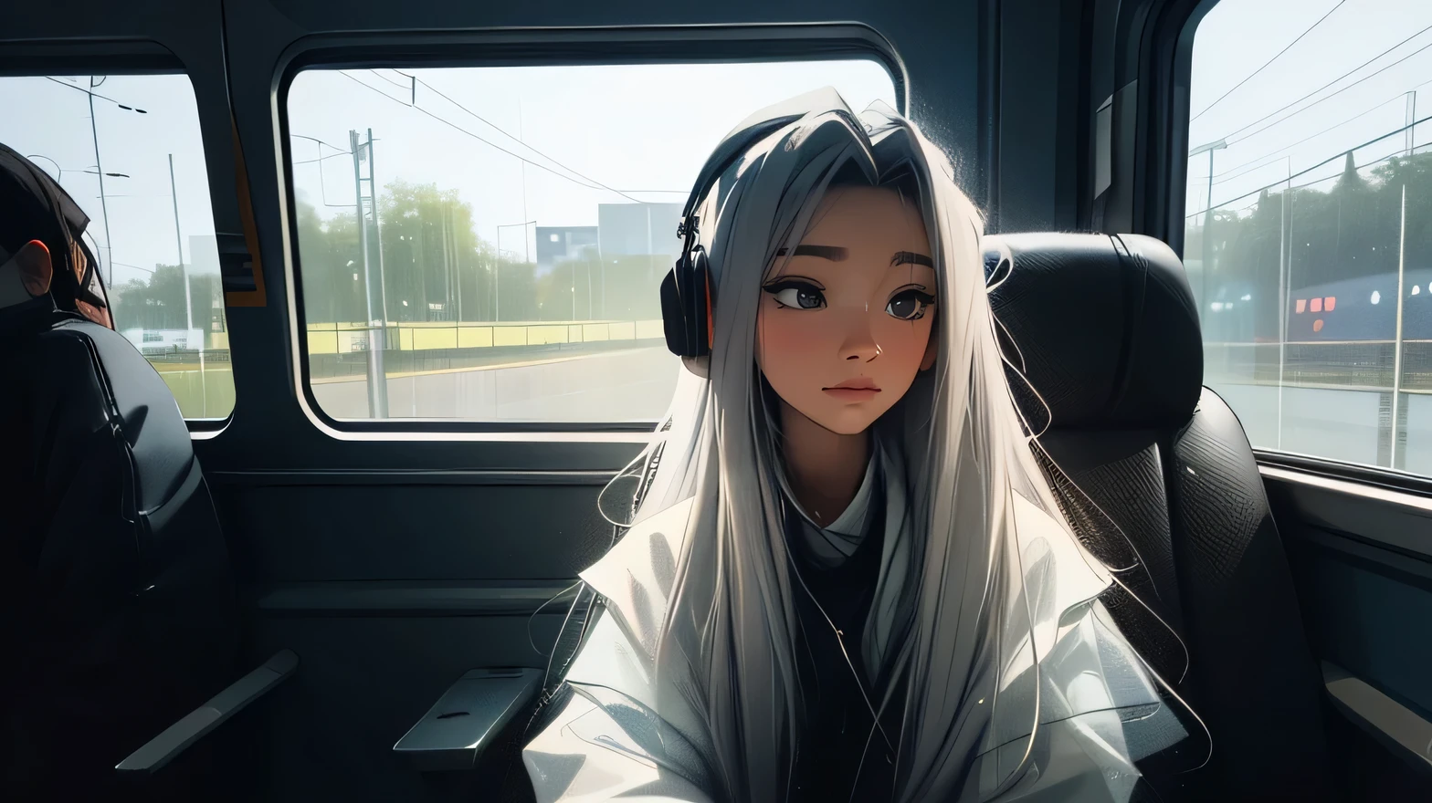 train, Sit by the window, take a pensive posture, Dark interior, My head got stuck in the glass, wearing headphones, Scenery passing by at high speed, night trip, rainy night sky, Beautiful girl, UHD Portraits, (high quality) (ultra detail) Observation of a viewer wearing hip-hop style street clothes; different, fancy, long colored silver hair 🌈