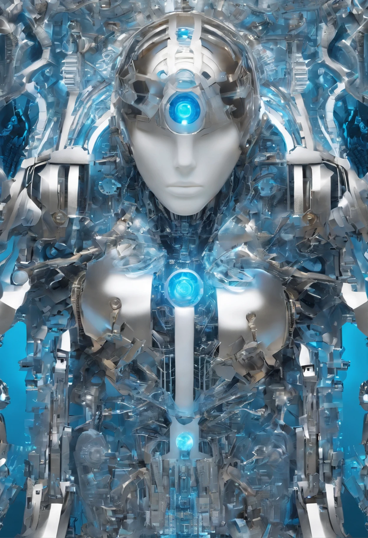 best quality, 32k, RAW photo, incredibly absurdres, extremely detailed, delicate texture, mechanical puppet made of many layers of gears, translucent anatomy diagram body, light emitting diode
