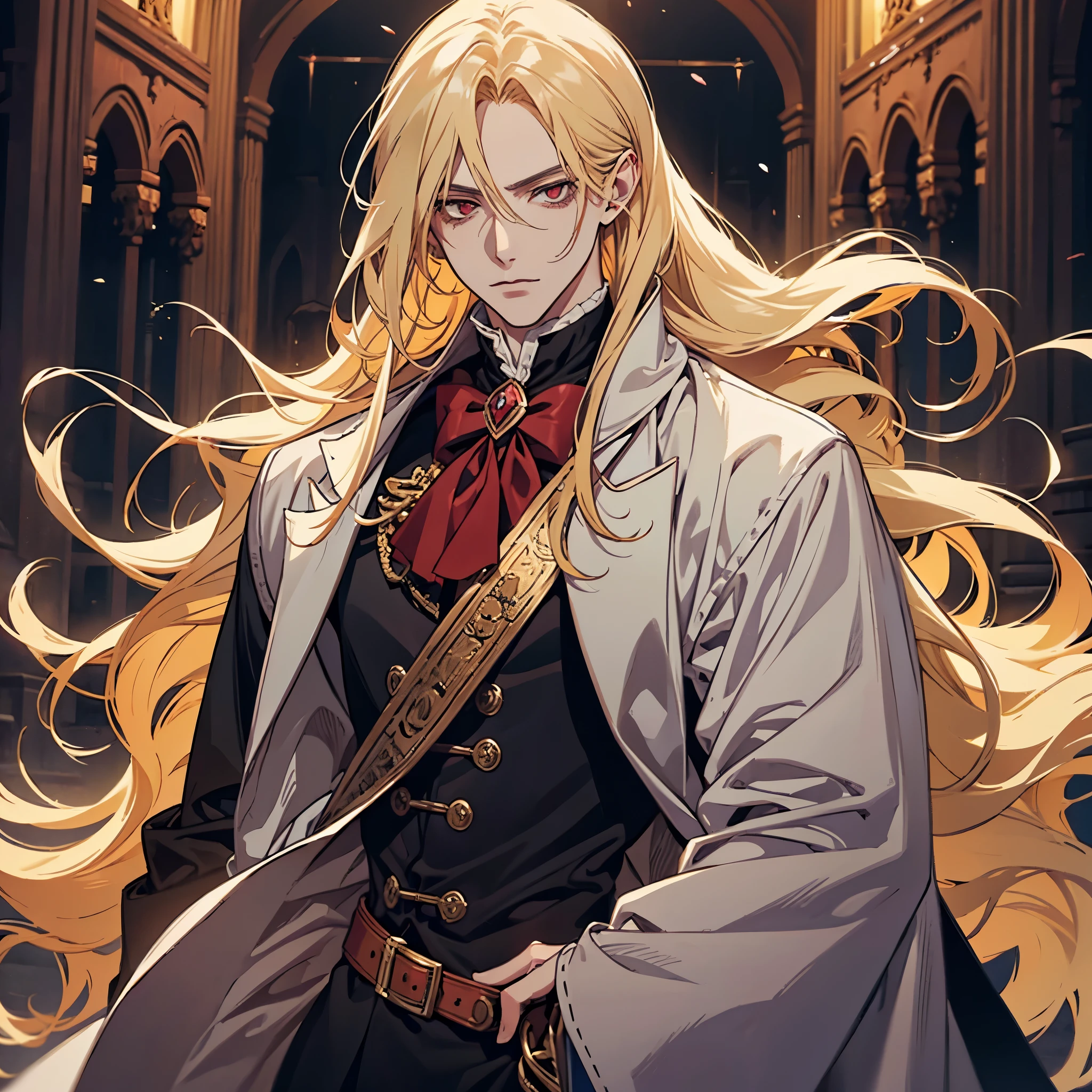 anime, one man with long blonde hair, alucard, castelvania, beautiful androgynous prince, magical blond prince, delicate androgynous prince, handsome male vampire, detailed 25 year old male face, casimir art, anime handsome man, key anime art, vampire, johan liebert mixed with alucard, male vampire, red eyes, sexy, attractive, full body, tongle, no clothes, no shirt, adult content