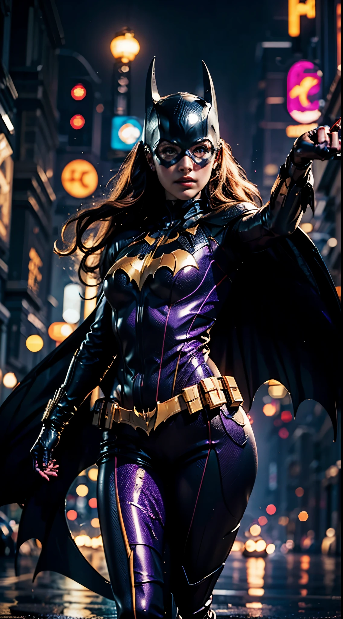 barbara gordon, purple color clothing, beauty, Batgirl clothes, Batgirl cosplay, nude , wind effect, full body photo, prominent figure, standing on the edge of a skyscraper, night, photo (Masterpiece) (Best quality) (Detail) (8K) (HD) (Wallpaper) (Cinematic lighting) (Sharp focus) (Intricate), sexy, rain, wet, rays, best quality, ultra high resolution, photorealistic, full body portrait,  incredibly beautiful, dynamic poses, detailed skin texture, highly detailed skin, detailed face,